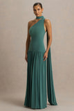 Freesia Teal Asymmetric Neck Maxi Dress With Scarf Detail
