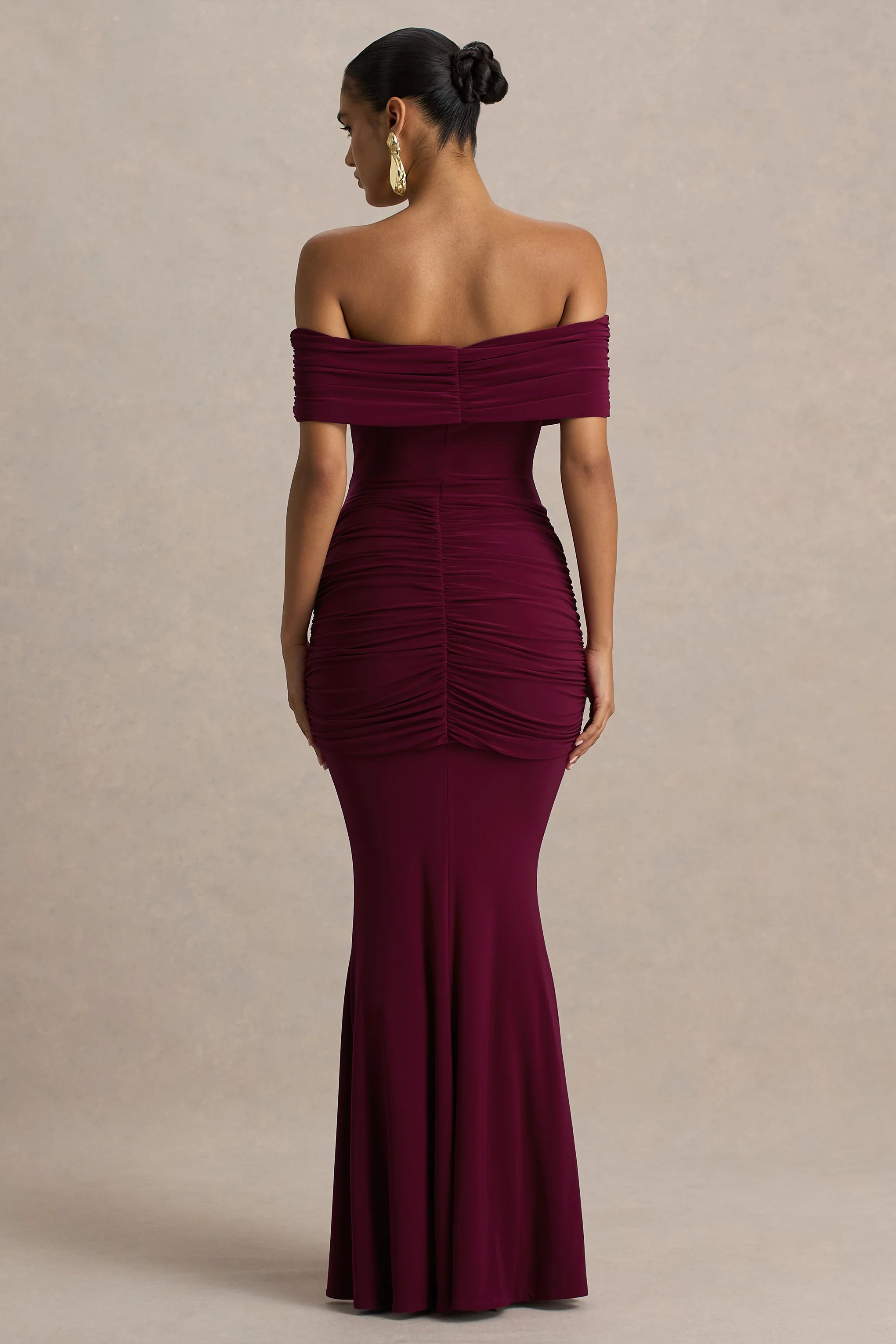 Envisioned Burgundy Bardot Neck Maxi Dress With Gathered And Drape Detail