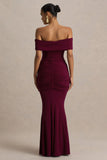 Envisioned Burgundy Bardot Neck Maxi Dress With Gathered And Drape Detail