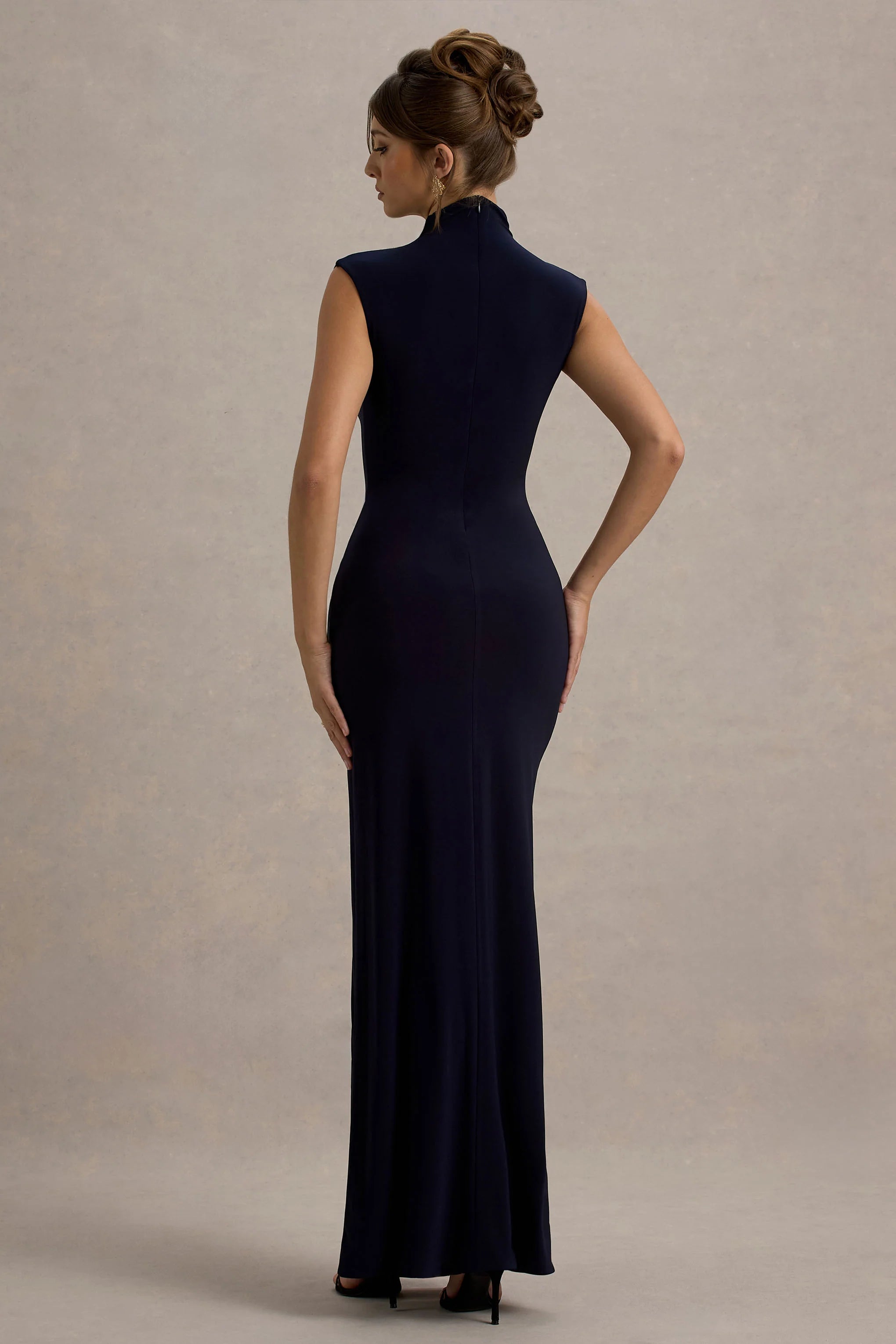 Lanetta Navy Ruched High Neck Maxi Dress With Split
