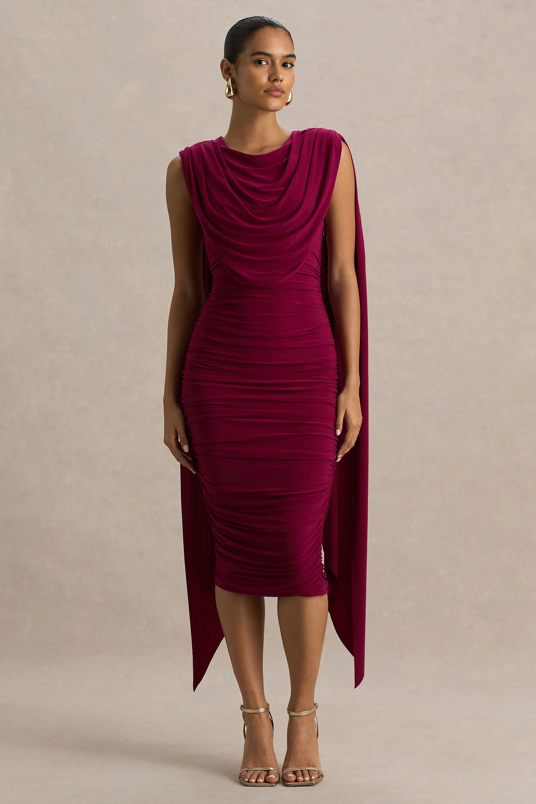 Wanderer Burgundy Crew Neck Midi Dress With Draped and Ruched Detailing