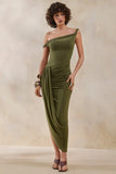 Angelique Olive Green Twisted Asymmetric Maxi Dress
