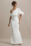 Valor White Asymmetric Maxi Dress With Feather Trim