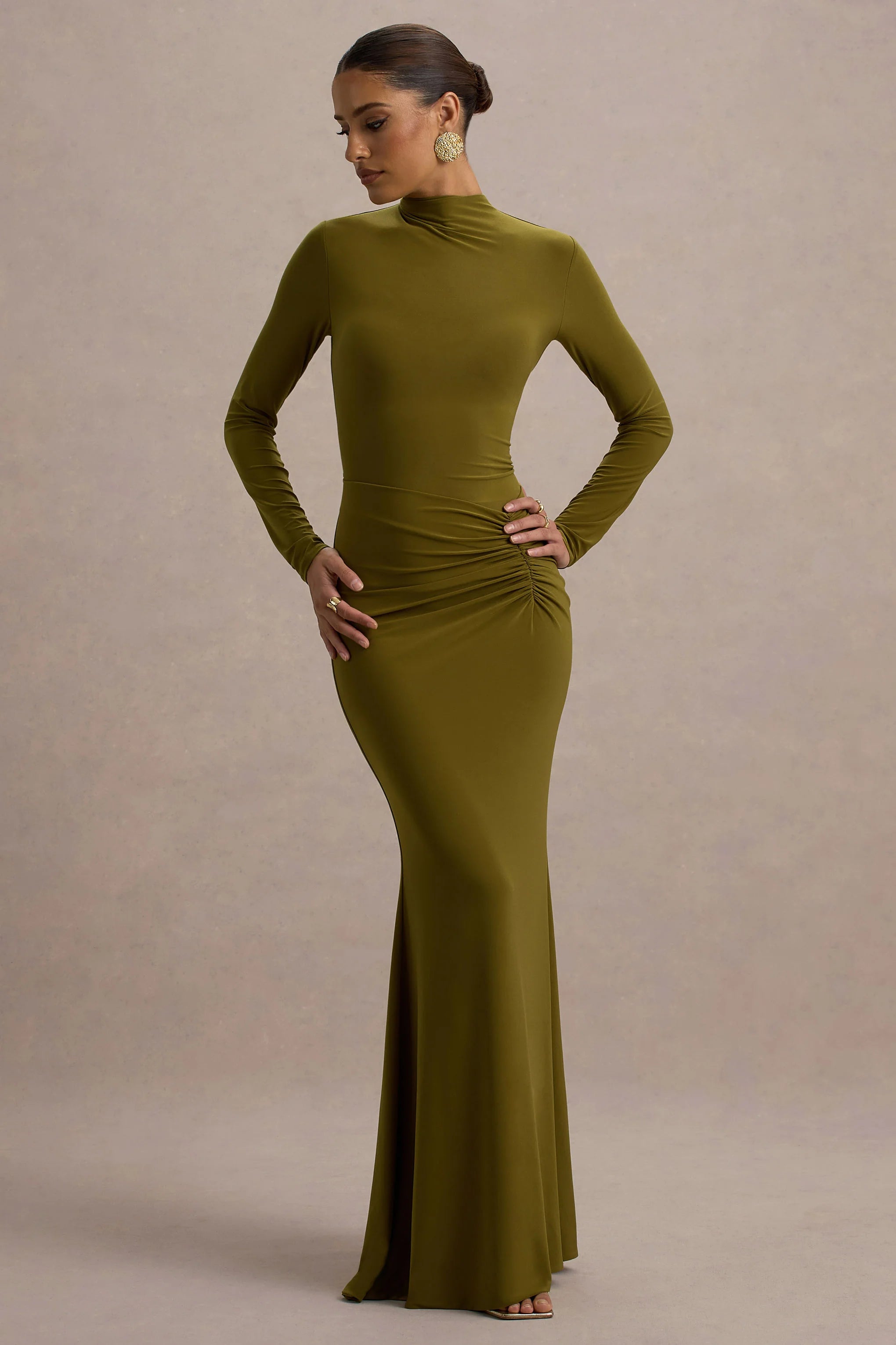 Reid Green Long Sleeve Gathered Maxi Dress