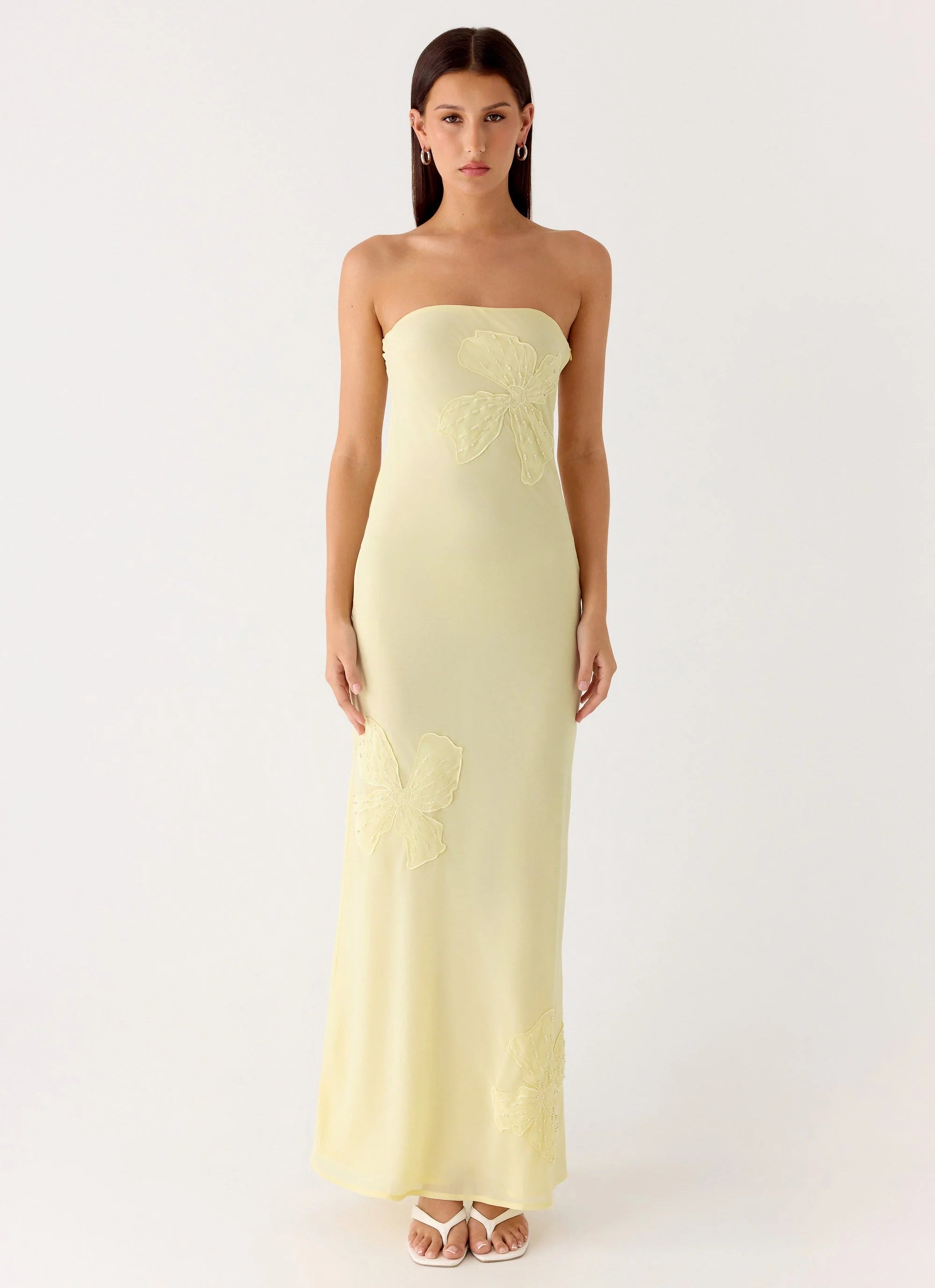 Sassafras Beaded Flower Strapless Maxi Dress Yellow