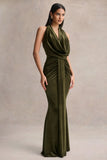 Lavernia Olive Velvet Halter Neck Maxi Dress With Gathered Detailing