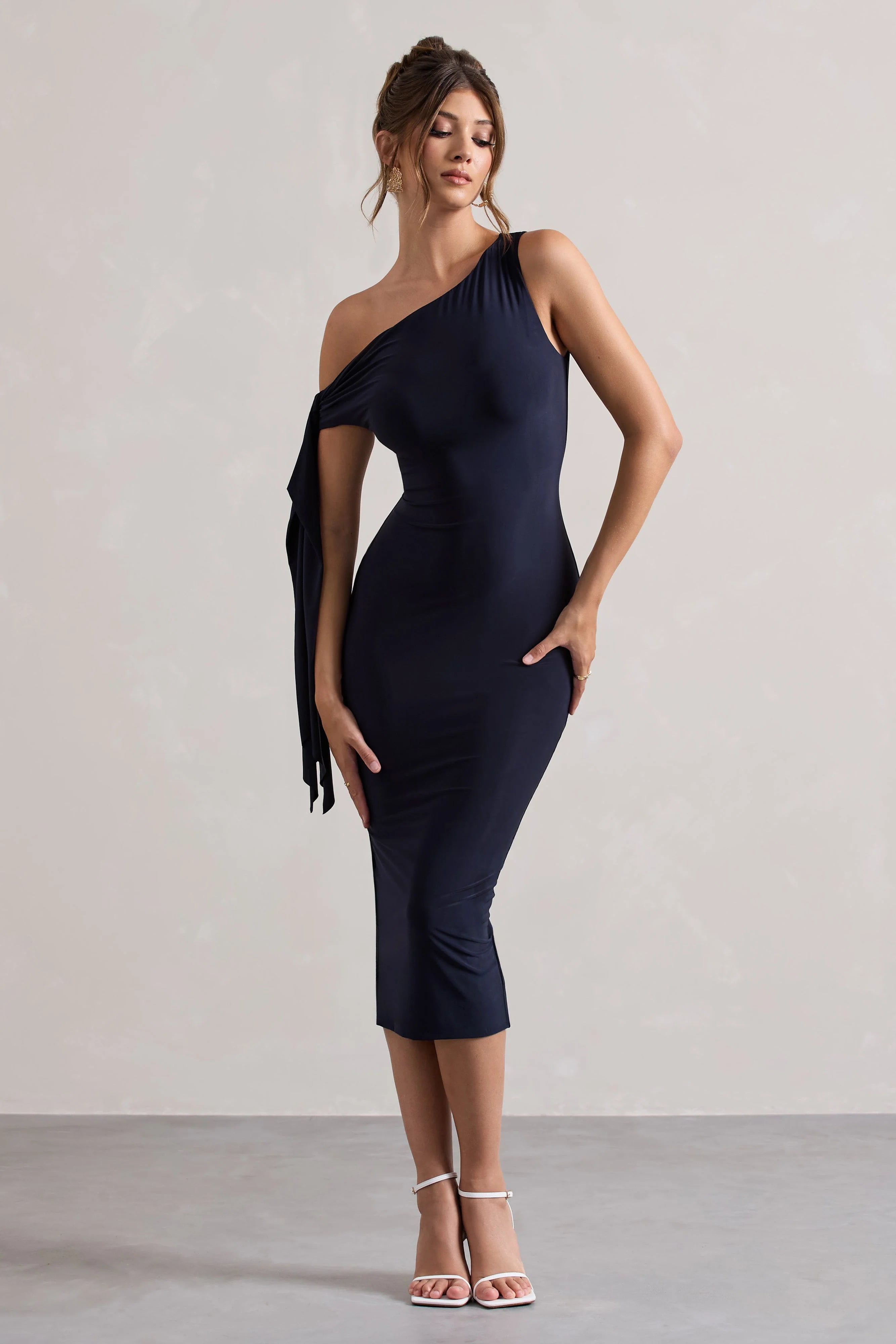Adapt Navy Asymmetric Midi Dress With Tie Sleeve