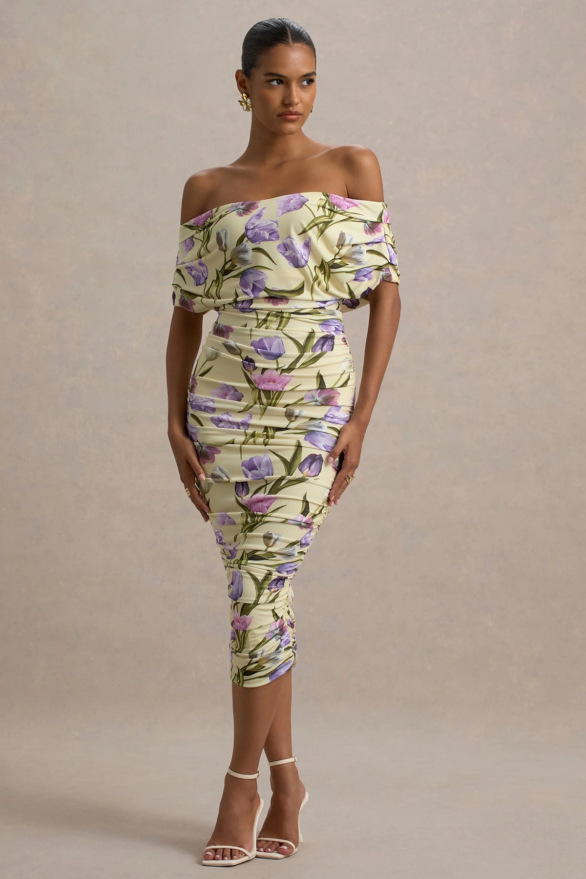 Rayleigh Tulip Floral Print Bardot Ruched Midi Dress