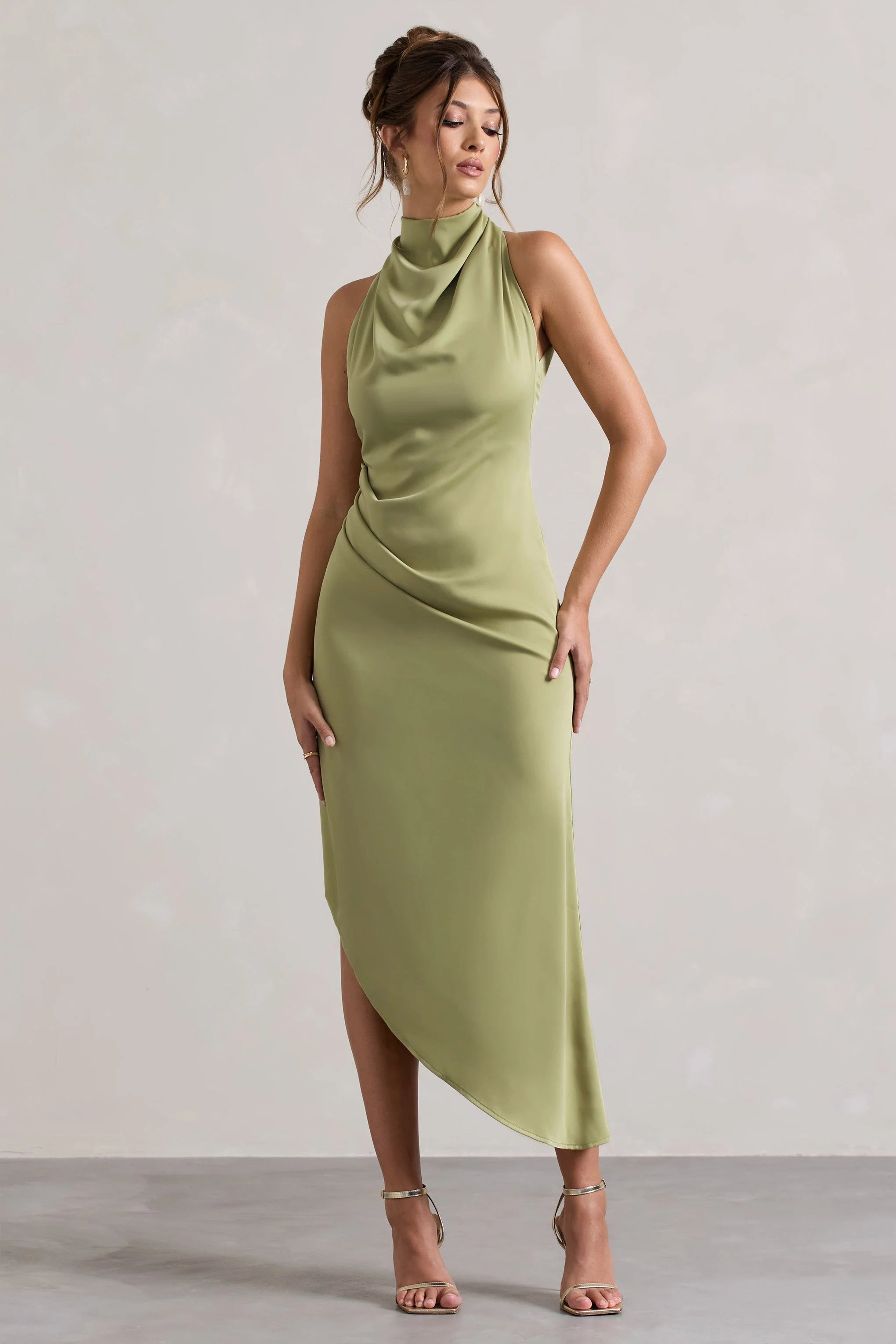 Sophina Light Olive Satin Cowl Neck Asymmetric Midi Dress