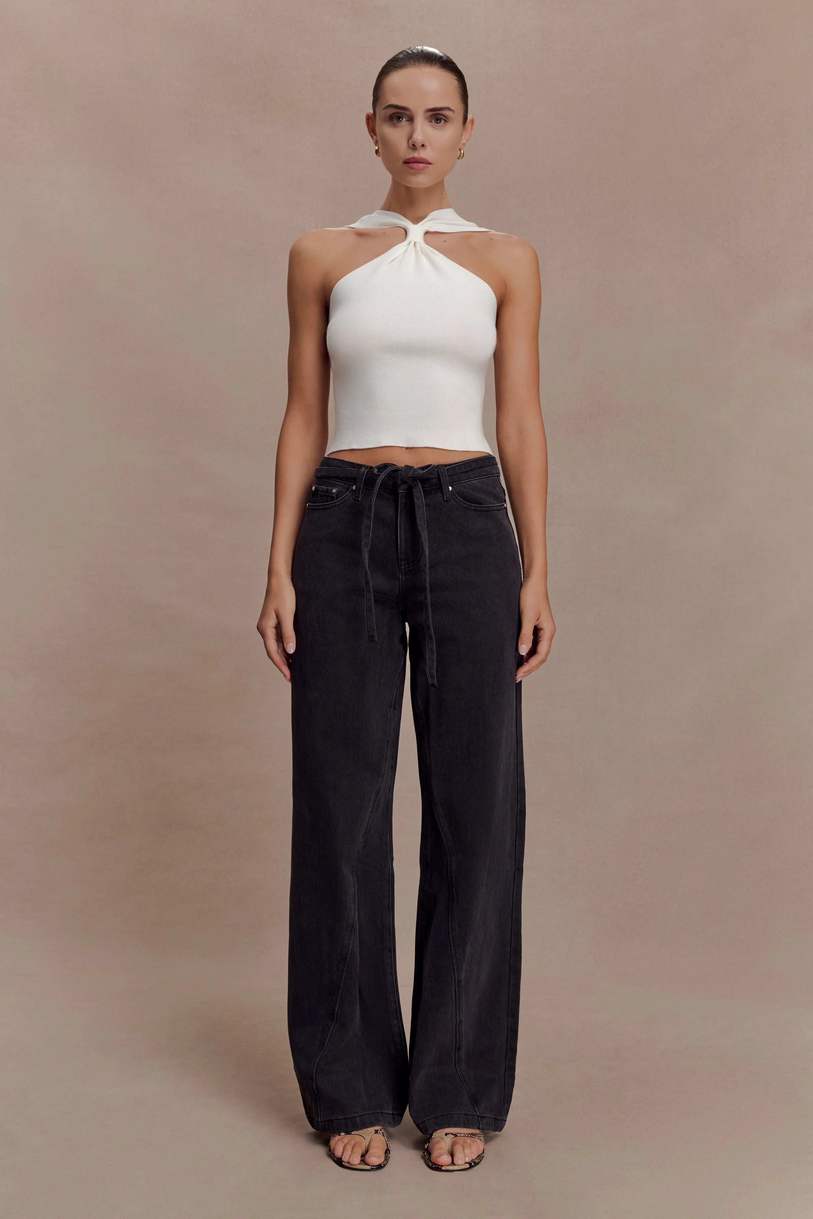 Perrie Mid Rise Straight Leg Tie Jeans Washed Black