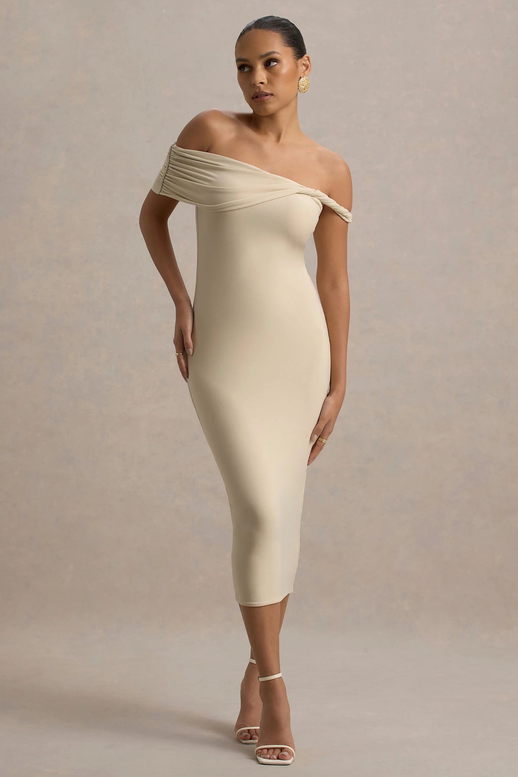 Skye Sand Twisted Bardot Midi Dress