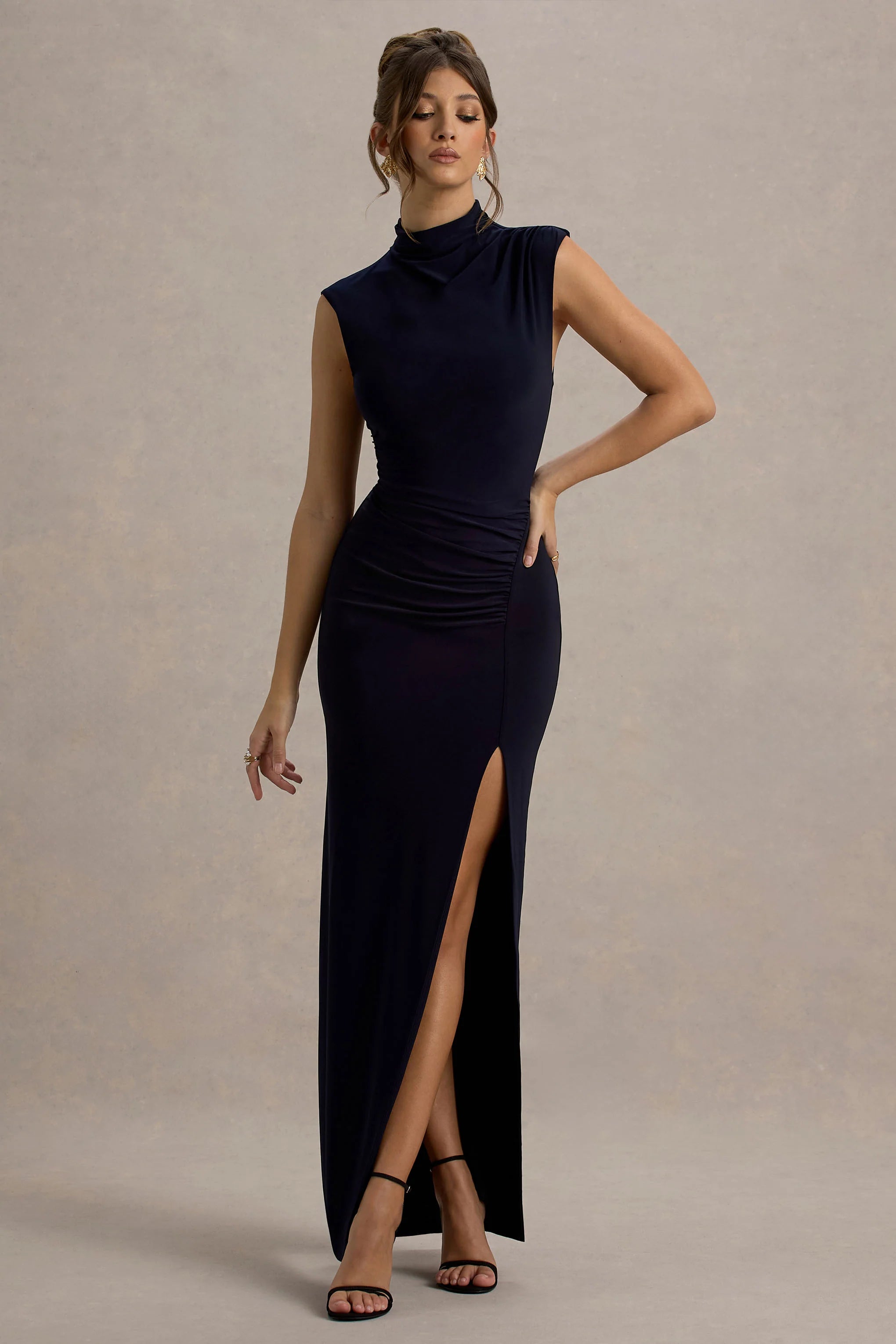 Lanetta Navy Ruched High Neck Maxi Dress With Split