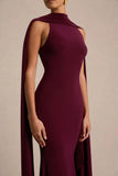 Cordy Burgundy High Neck Maxi Dress With Scarf Detail