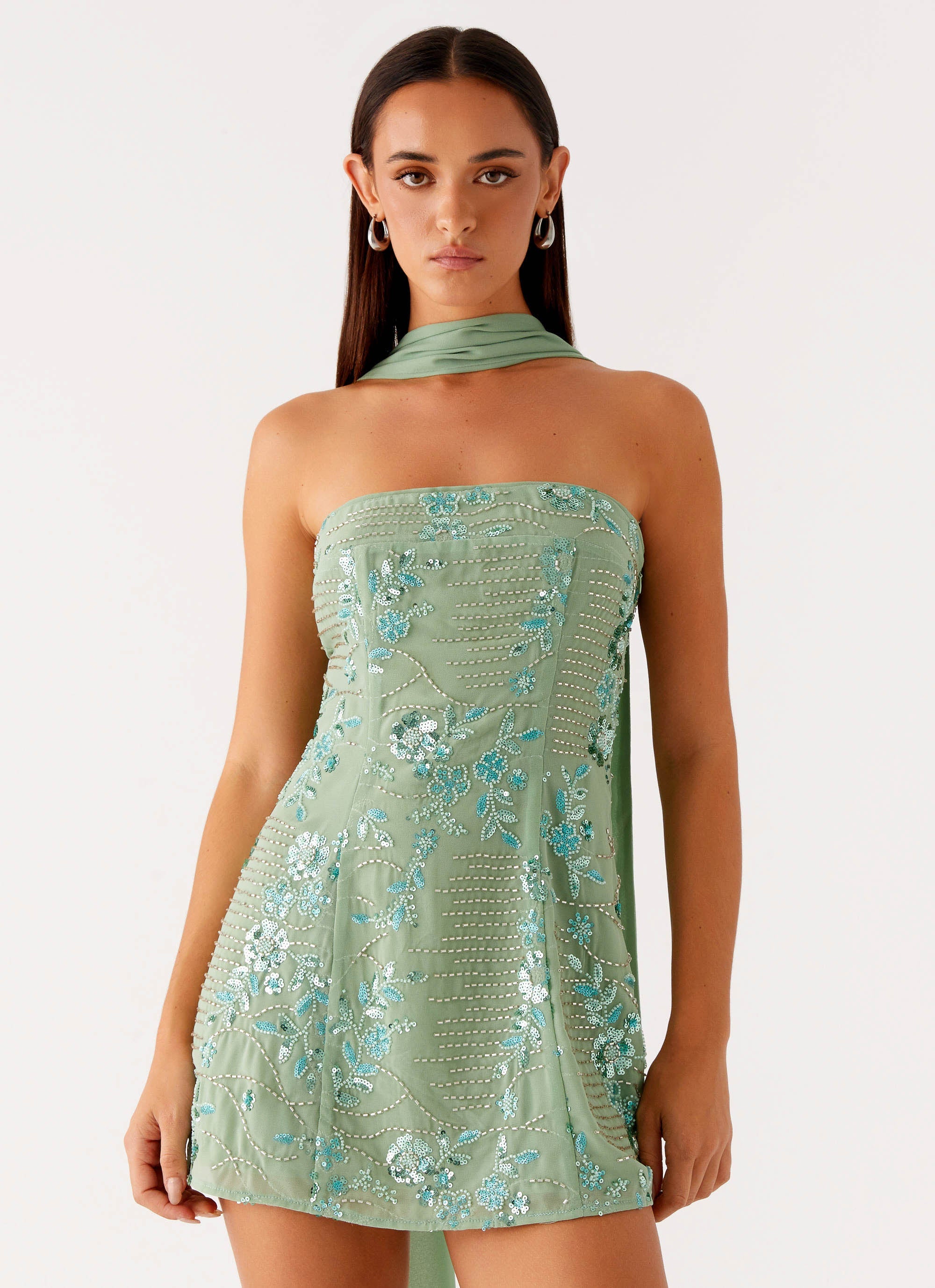 Kiesha Strapless Scarf Mini Dress Mint