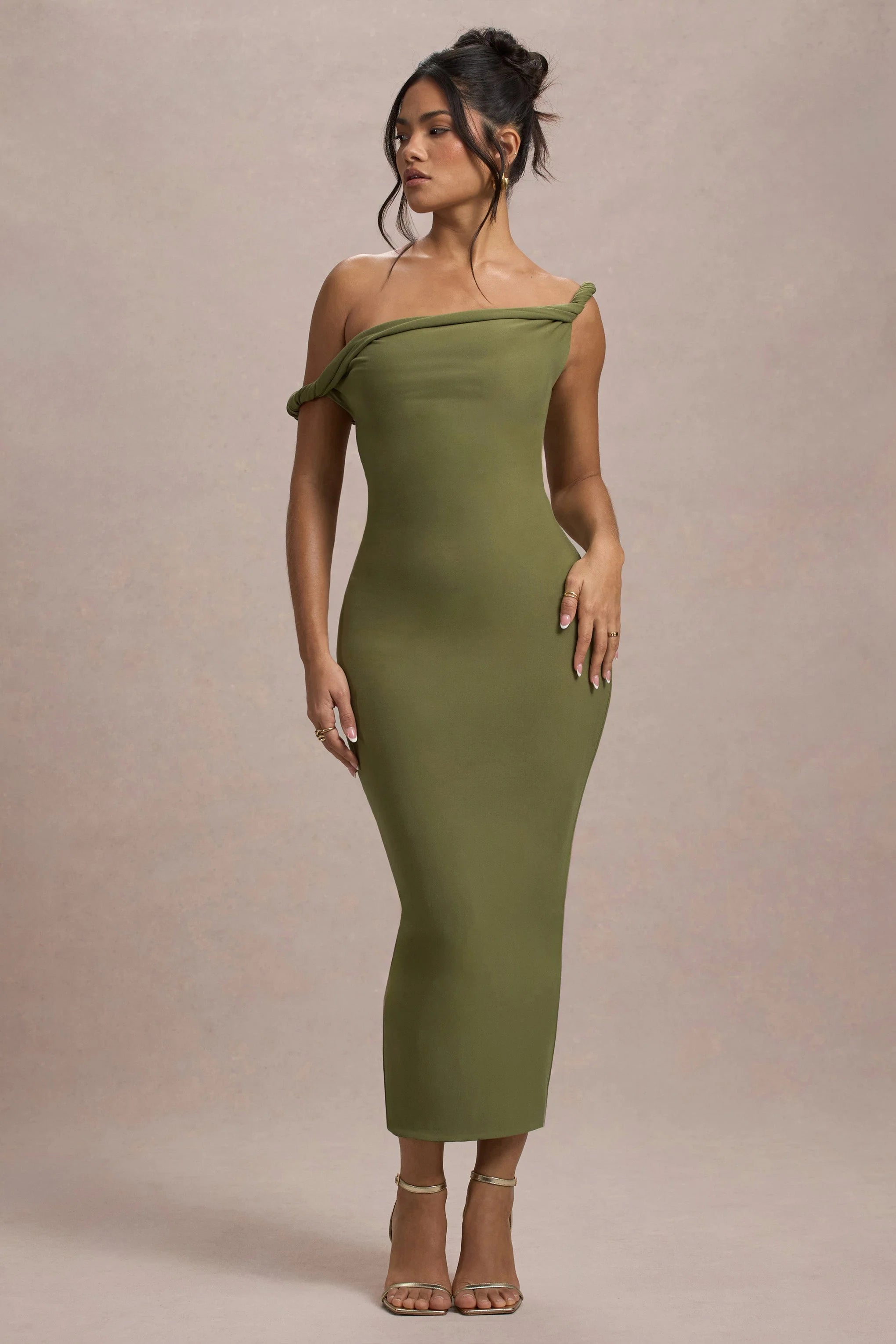 Salome Olive Twisted Asymmetric Midi Dress