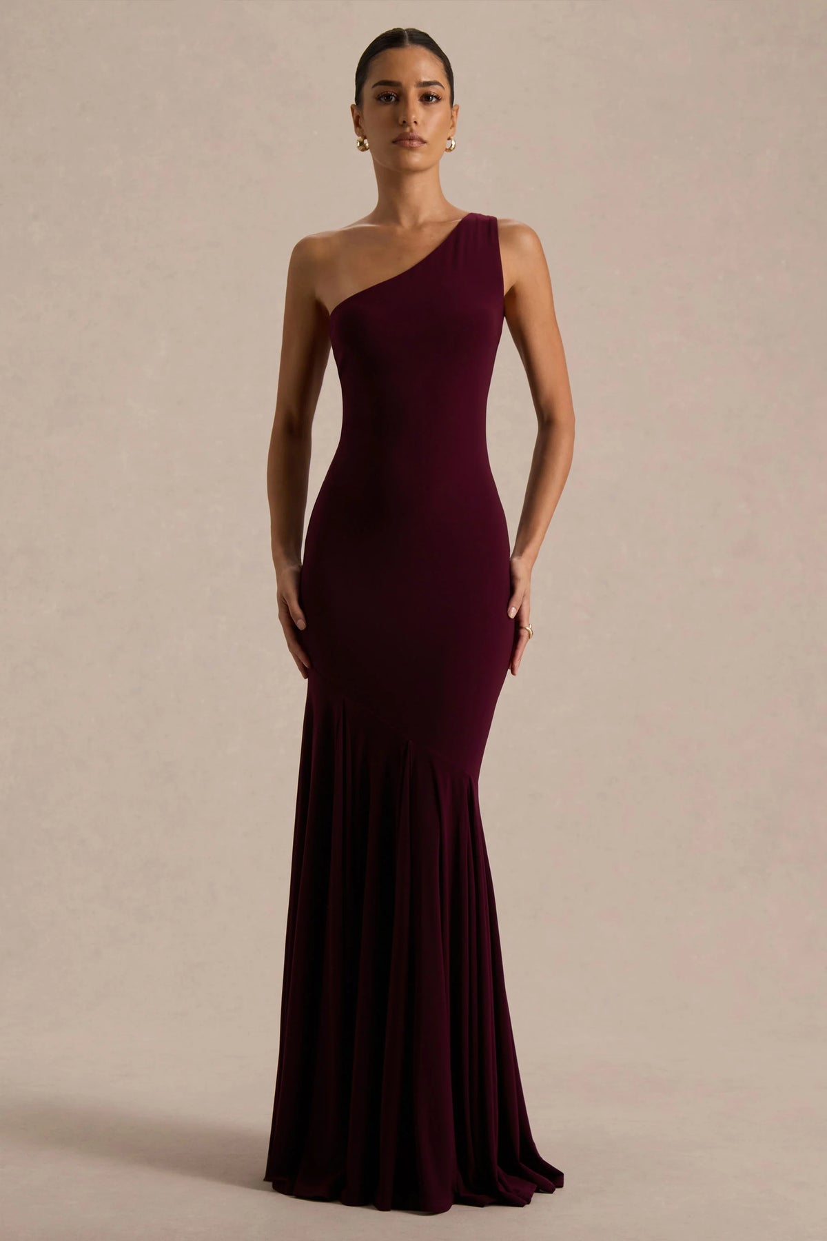 Zya Dark Plum Asymmetric Neck Fishtail Maxi Dress
