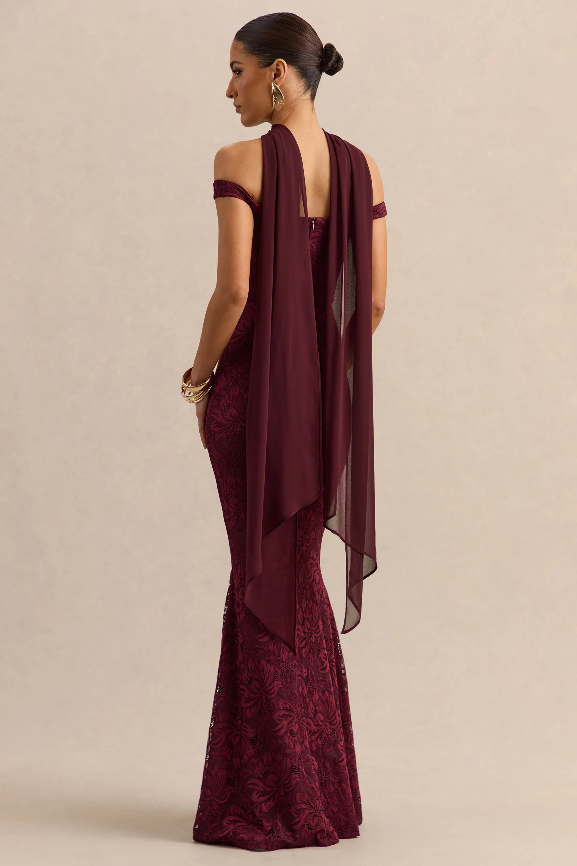 Iselle Burgundy Lace Bardot Neck Maxi Dress With Scarf Detail
