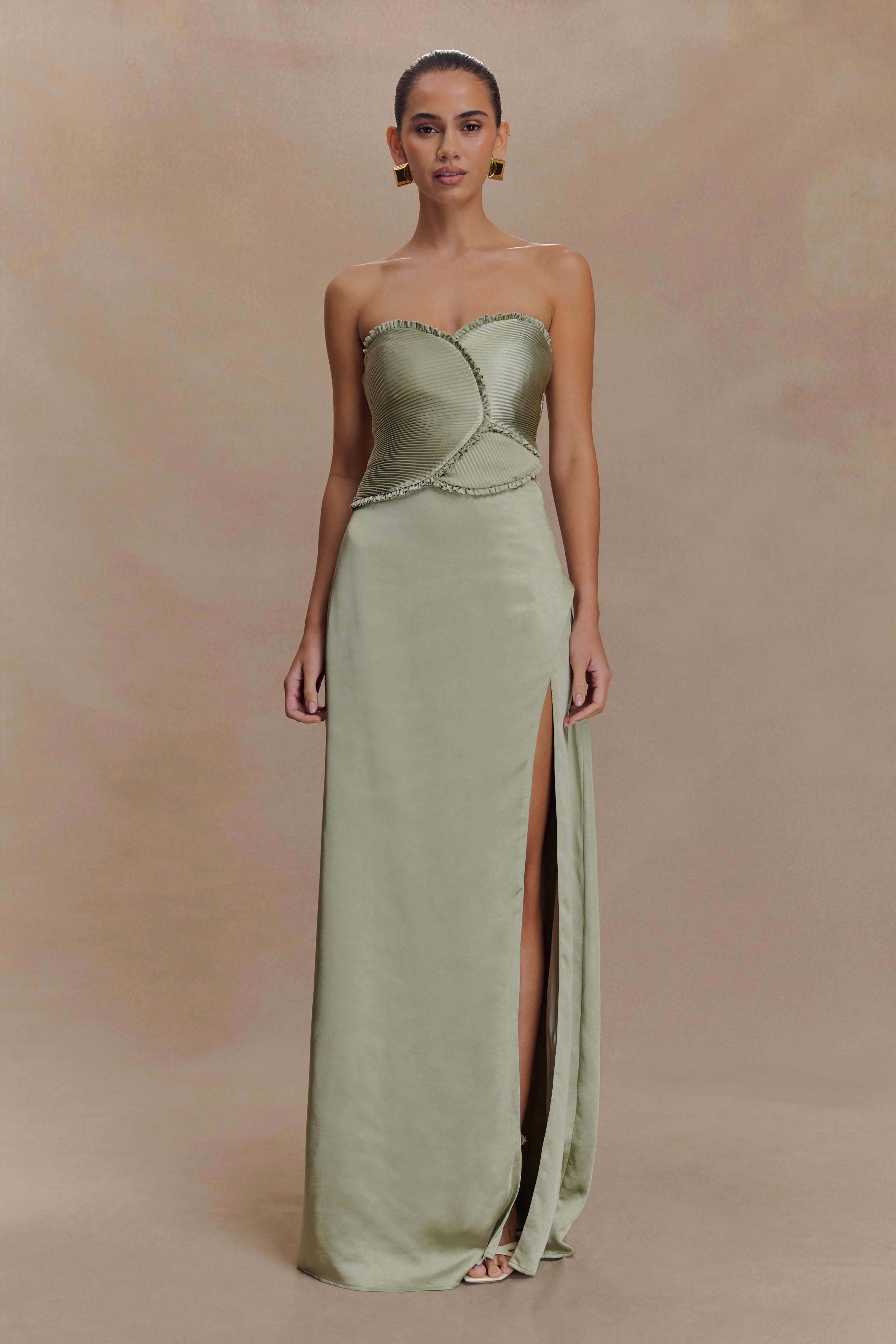 Larissa Satin Maxi Dress With Ruched Petals Sage