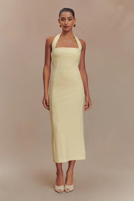 Amelita Suiting Halter Midi Dress - Pale Lemon