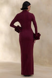 Jaselle Dark Plum High Neck Maxi Dress With Ruffled Satin Cuffs