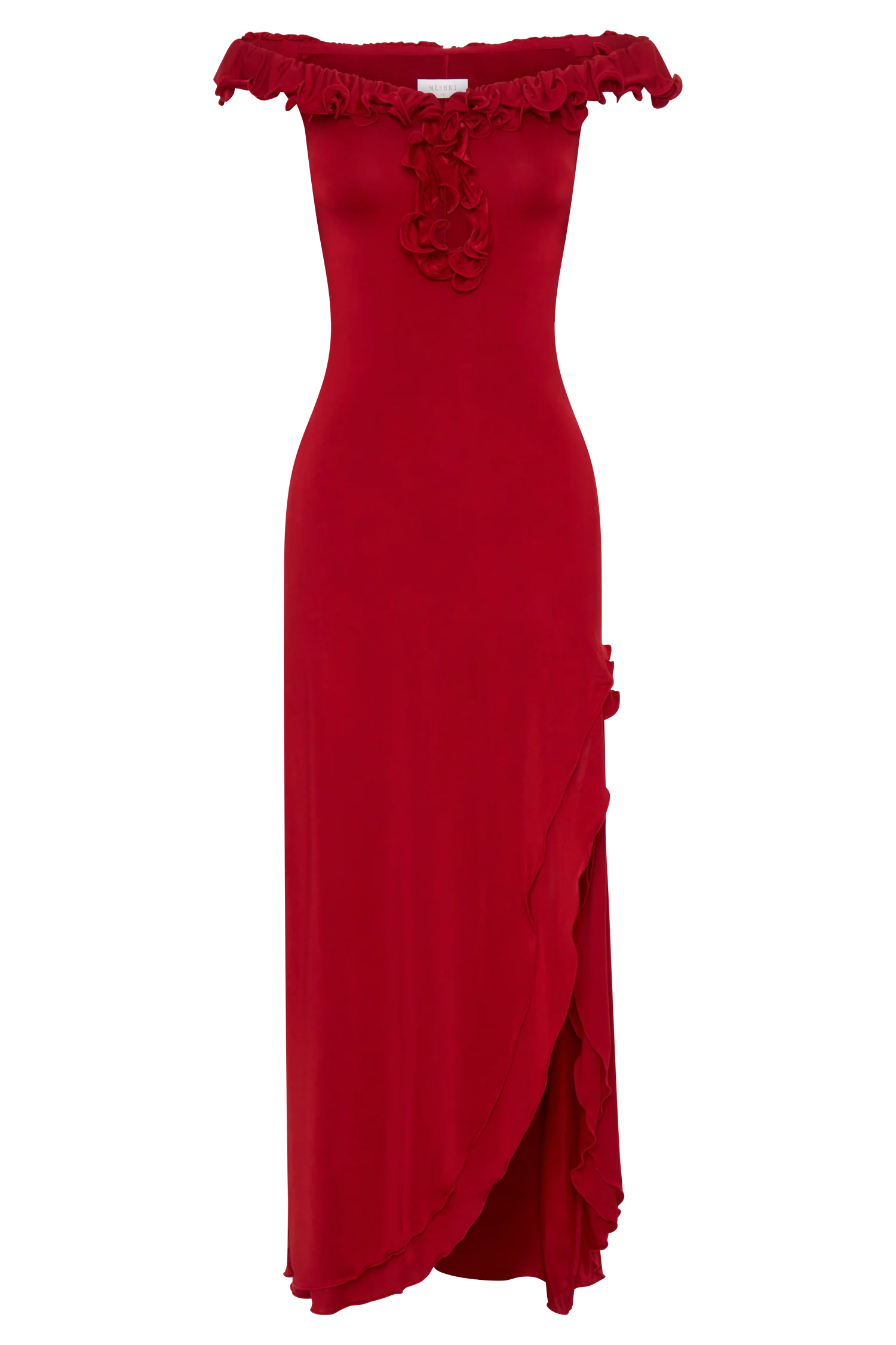 Allegra Off Shoulder Ruffle Midi Dress Ruby