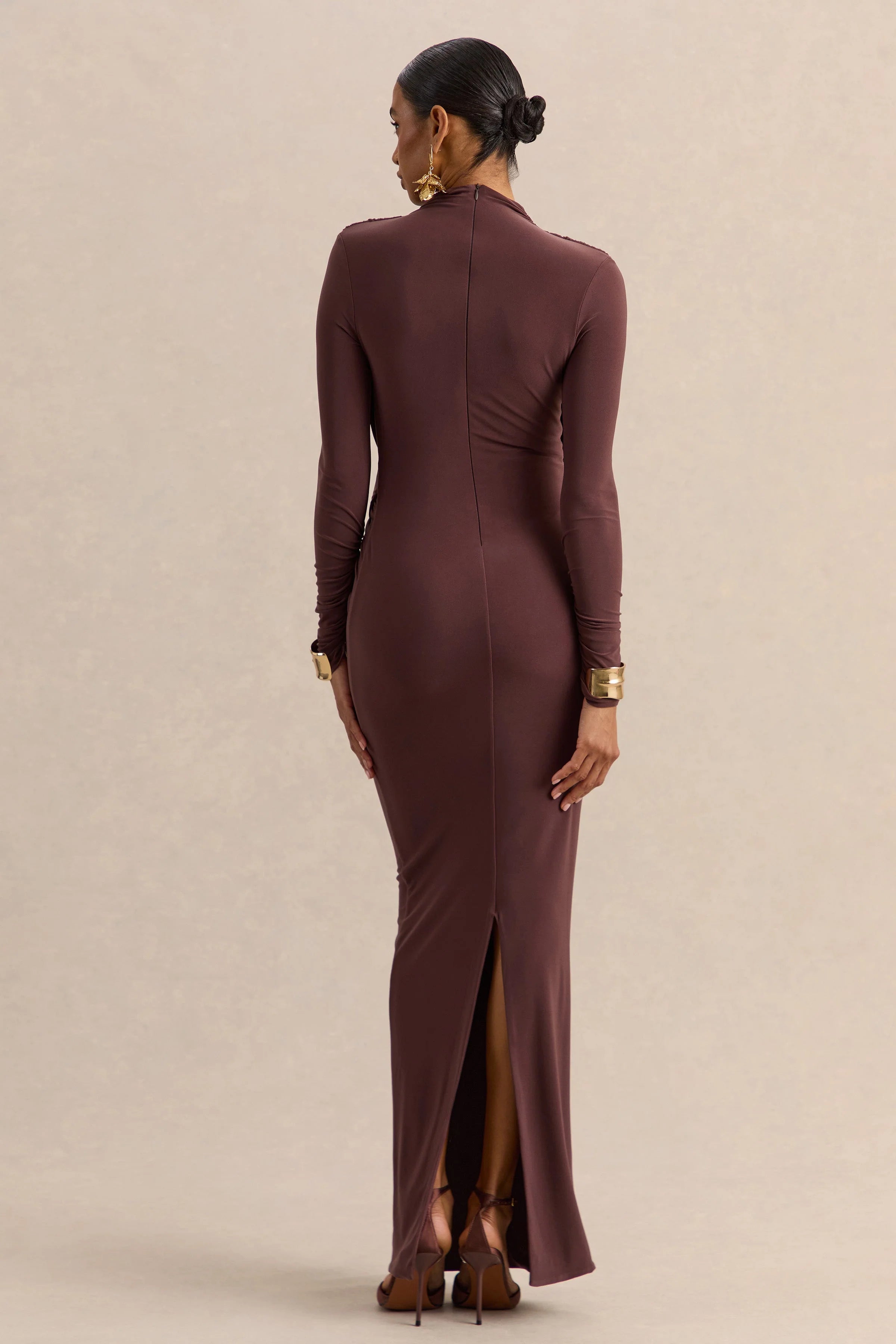 Karinthia Brown High Neck Maxi Dress With Draped Detailing