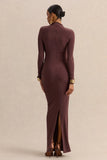 Karinthia Brown High Neck Maxi Dress With Draped Detailing