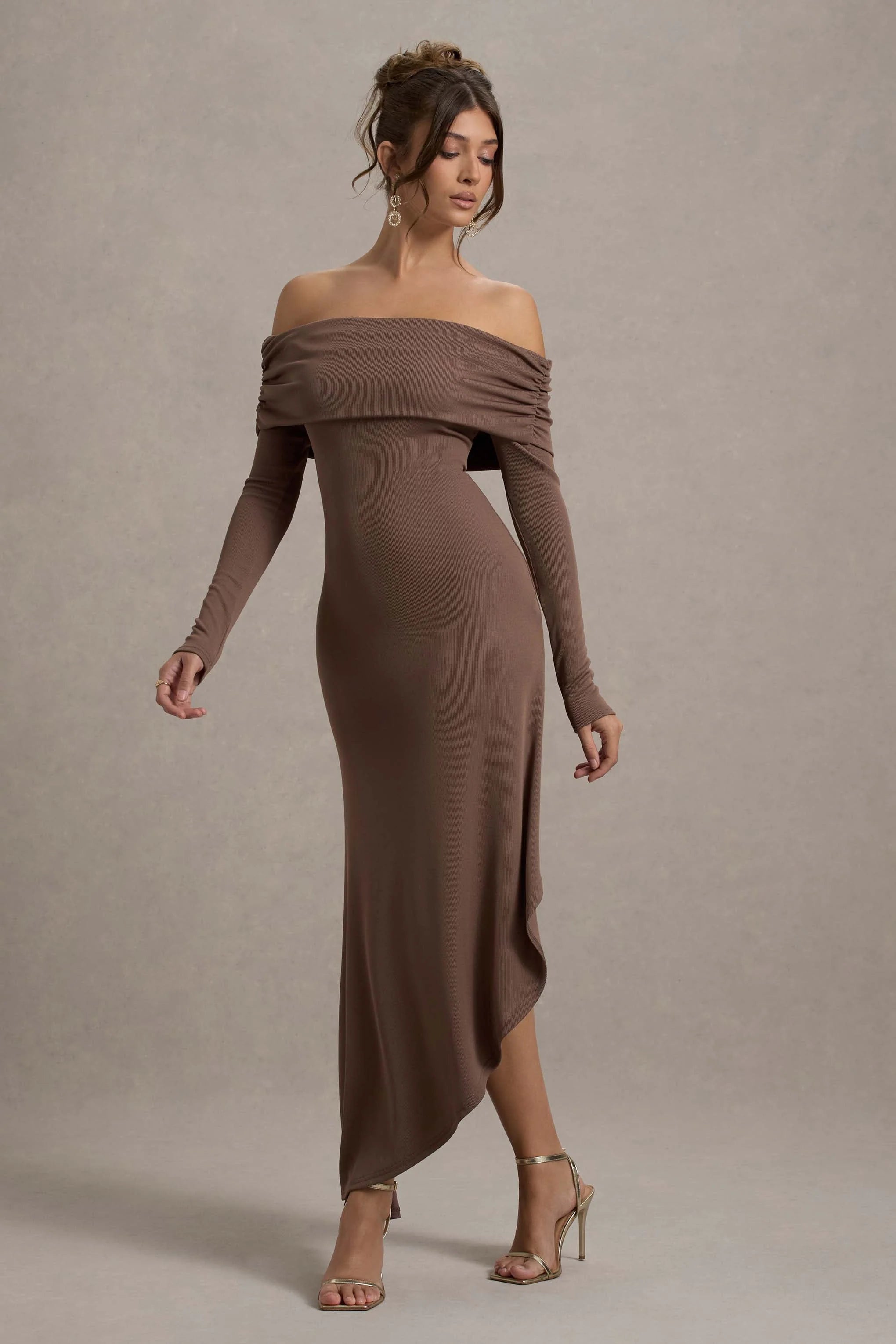 Romina Mocha Rib Knit Bardot Maxi Dress With Asymmetric Hem