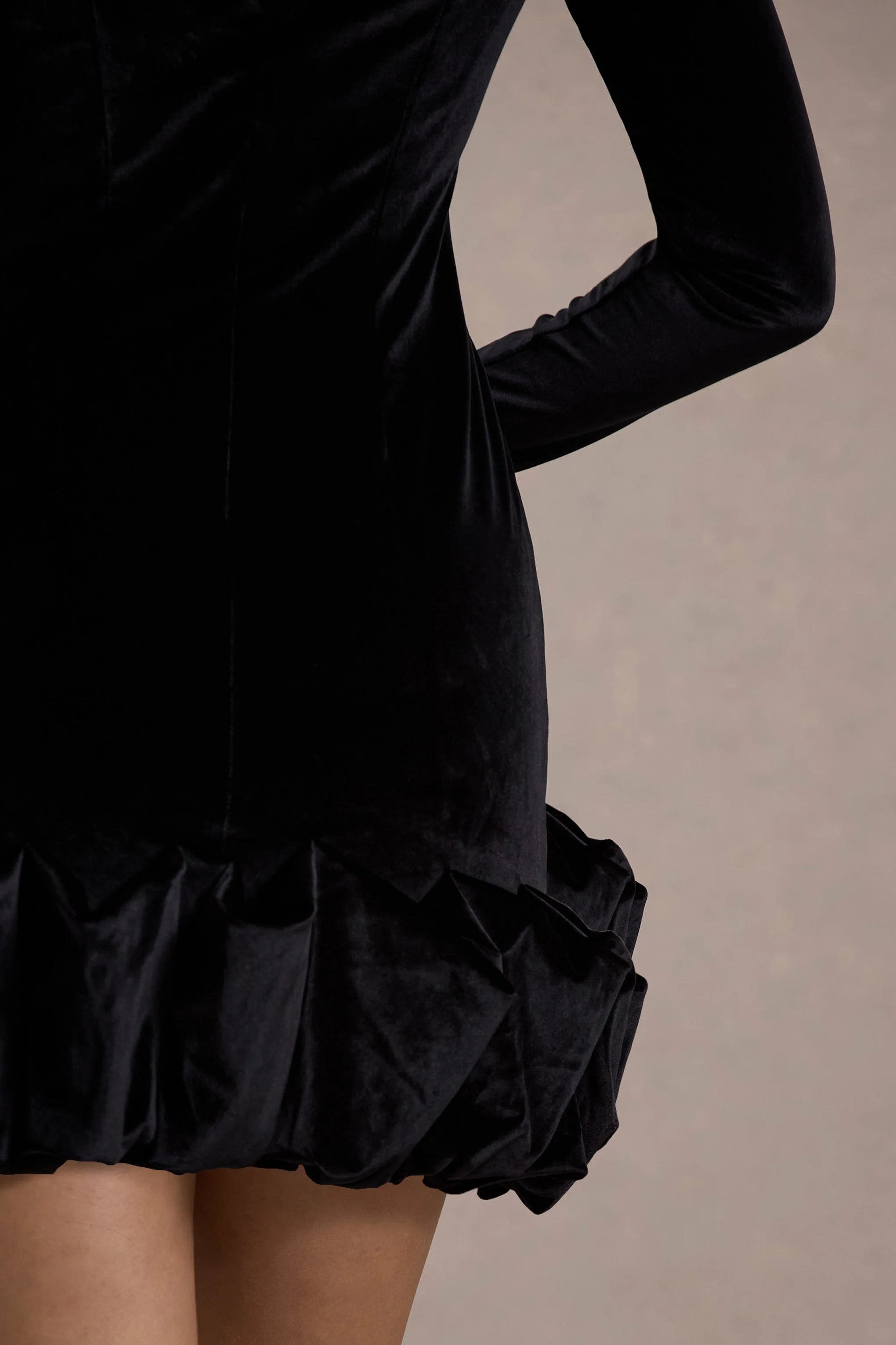 Claudine Black Velvet Long Sleeved Ruffled Mini Dress