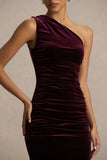 Treat Burgundy Velvet Asymmetric Neck Maxi Dress With Ruched Detailing