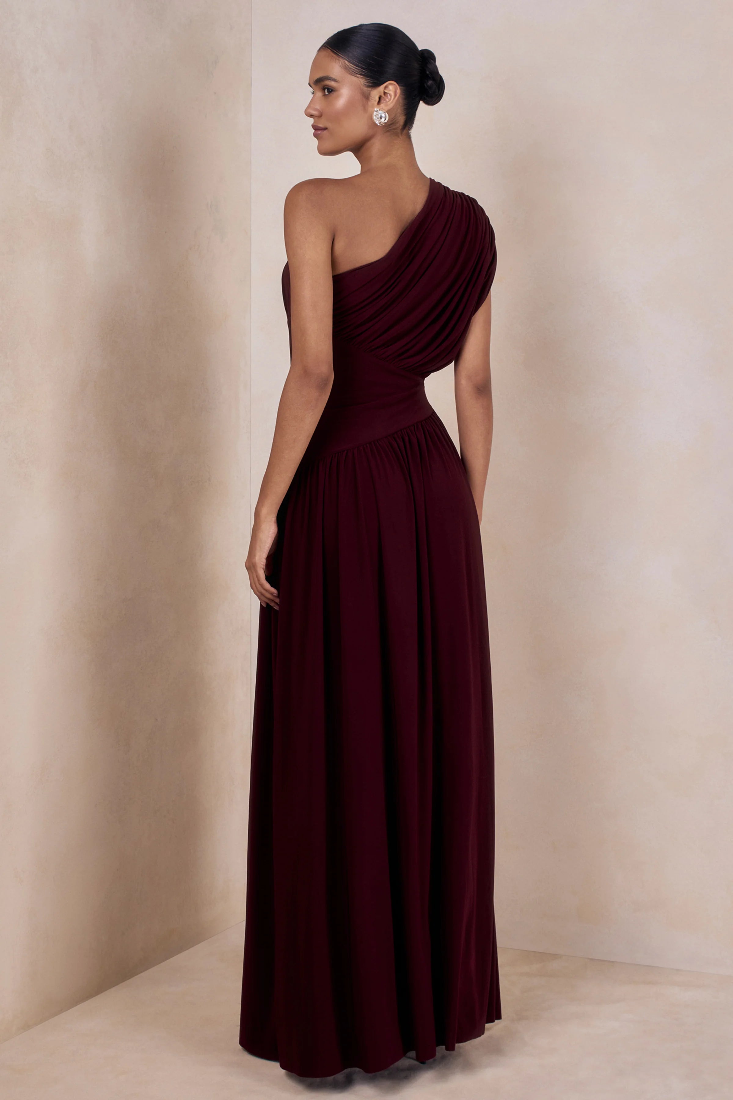 Kelsey Burgundy Asymmetric Neck Maxi Dress With Ruched Detailing