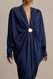 Tina Navy Satin Plunge Neck Embellished Maxi Dress