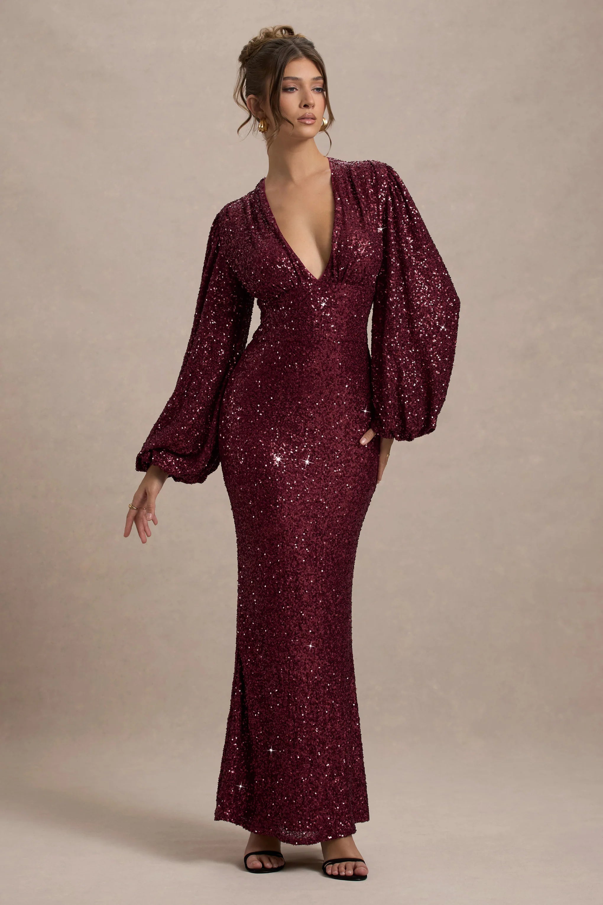 Kaelin Berry Sequin Plunge Neck Maxi Dress