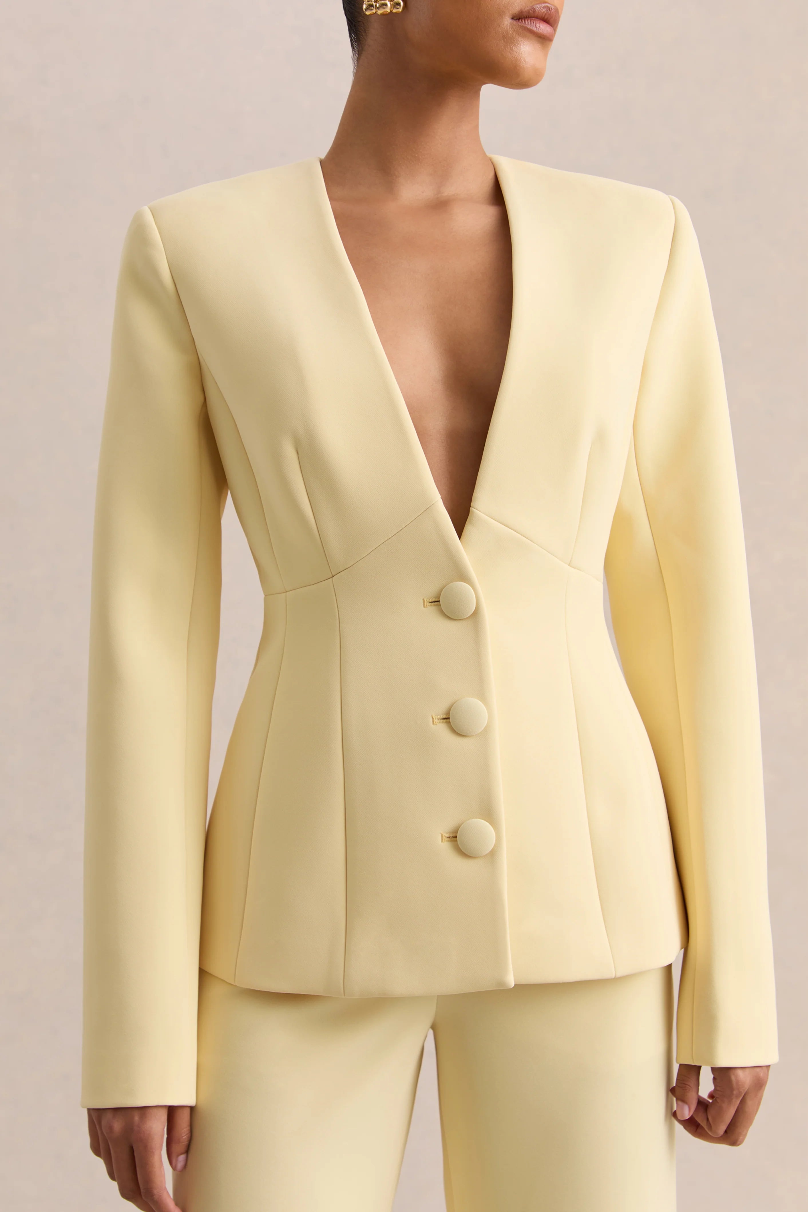 Rosalina Lemon Extreme Plunge Neck Tailored Blazer