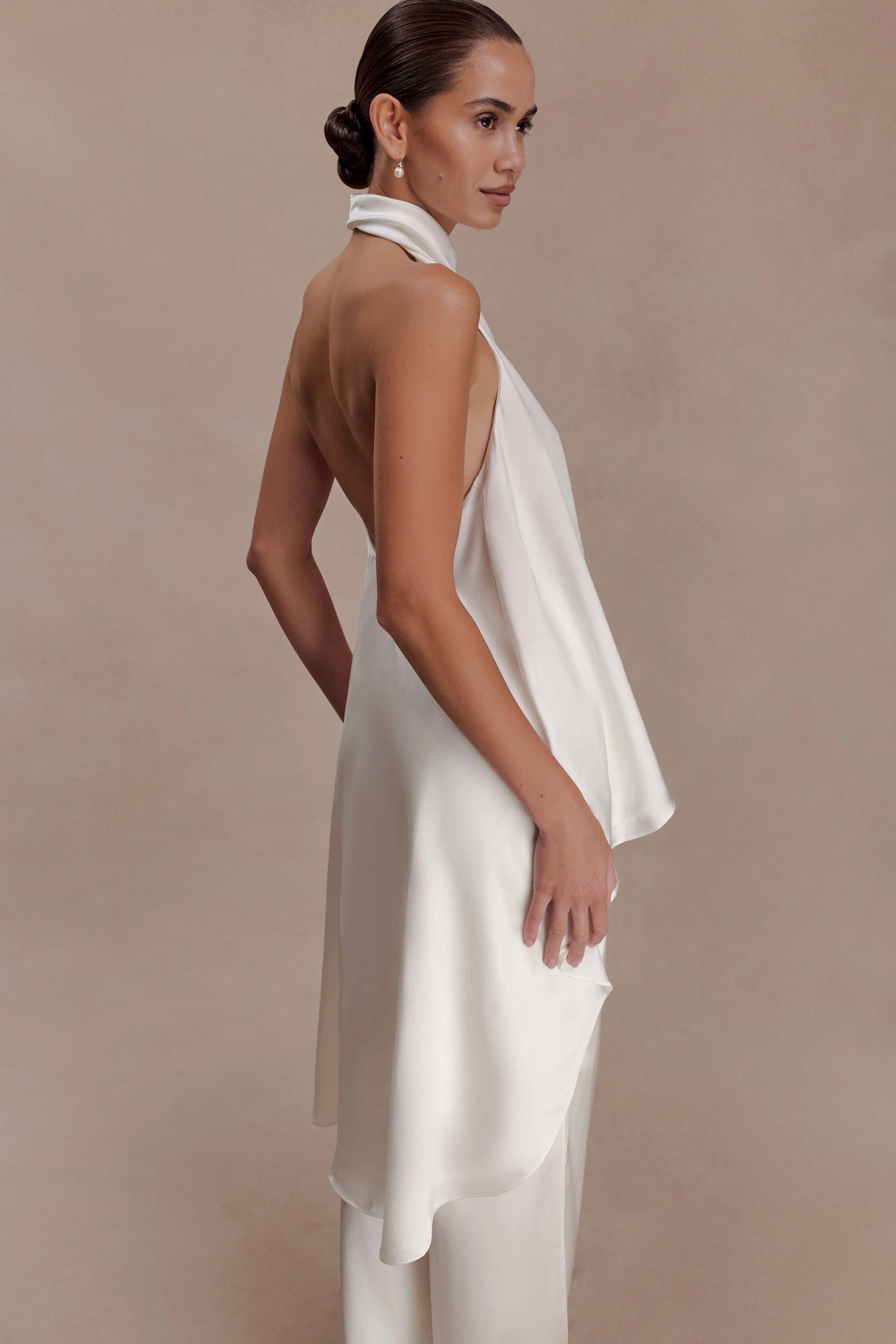 Sydney Asymmetrical Satin Halter Top Ivory