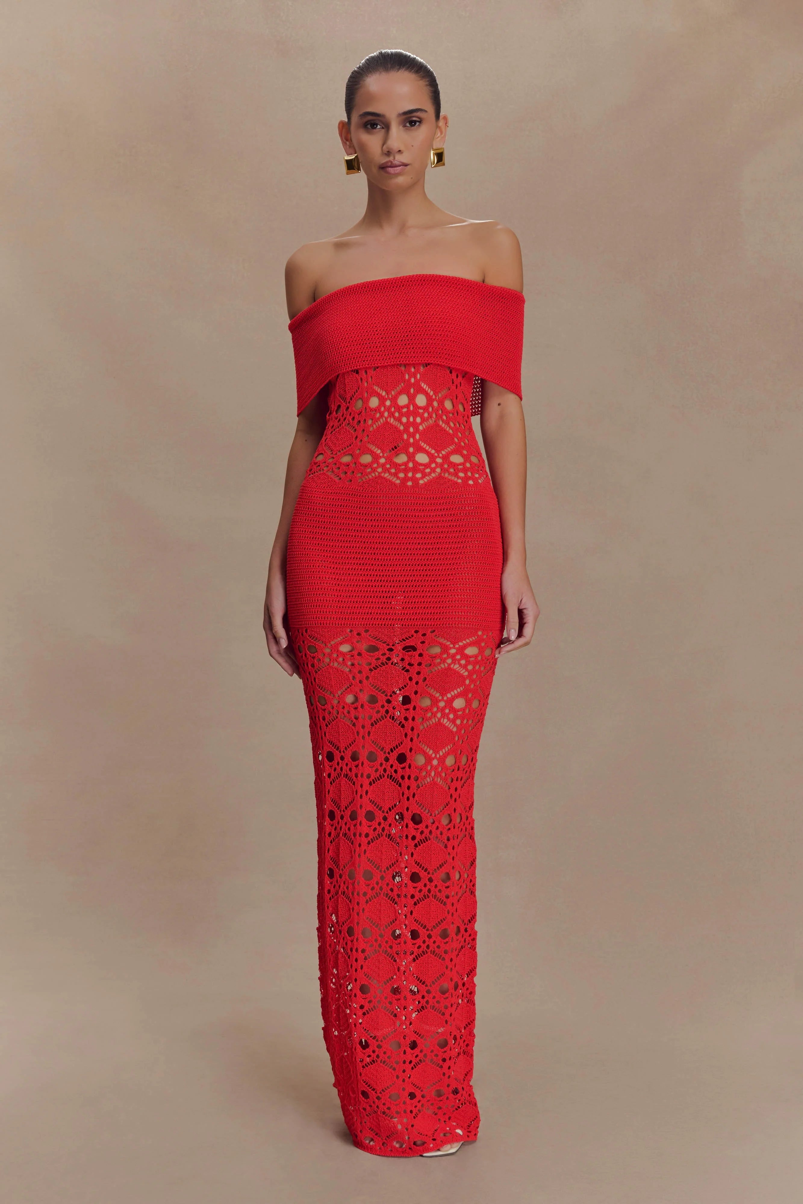 Solstice Off Shoulder Crochet Knit Maxi Dress Blood Orange