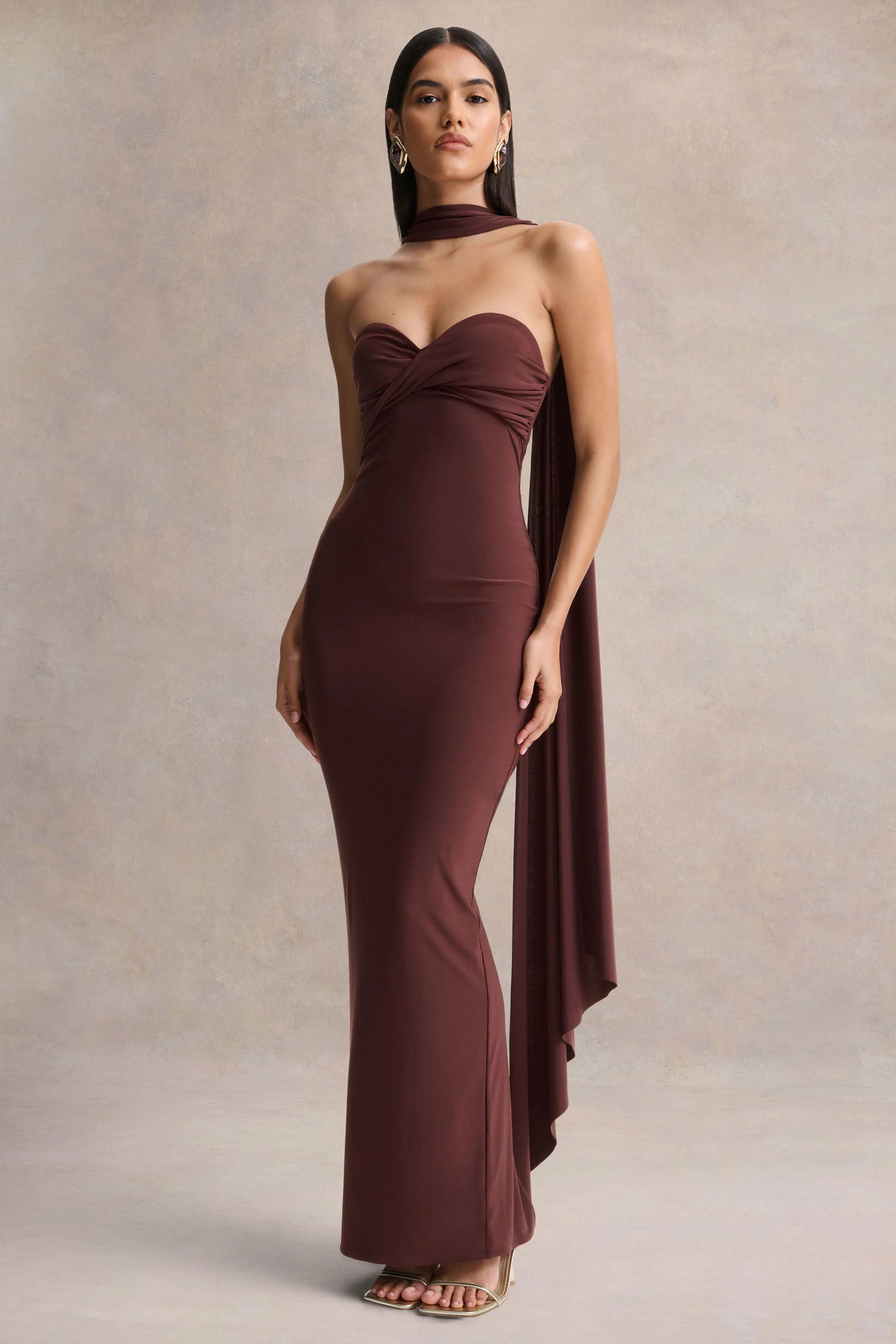 Sheila Dark Brown Bandeau Maxi Dress With Scarf Detail