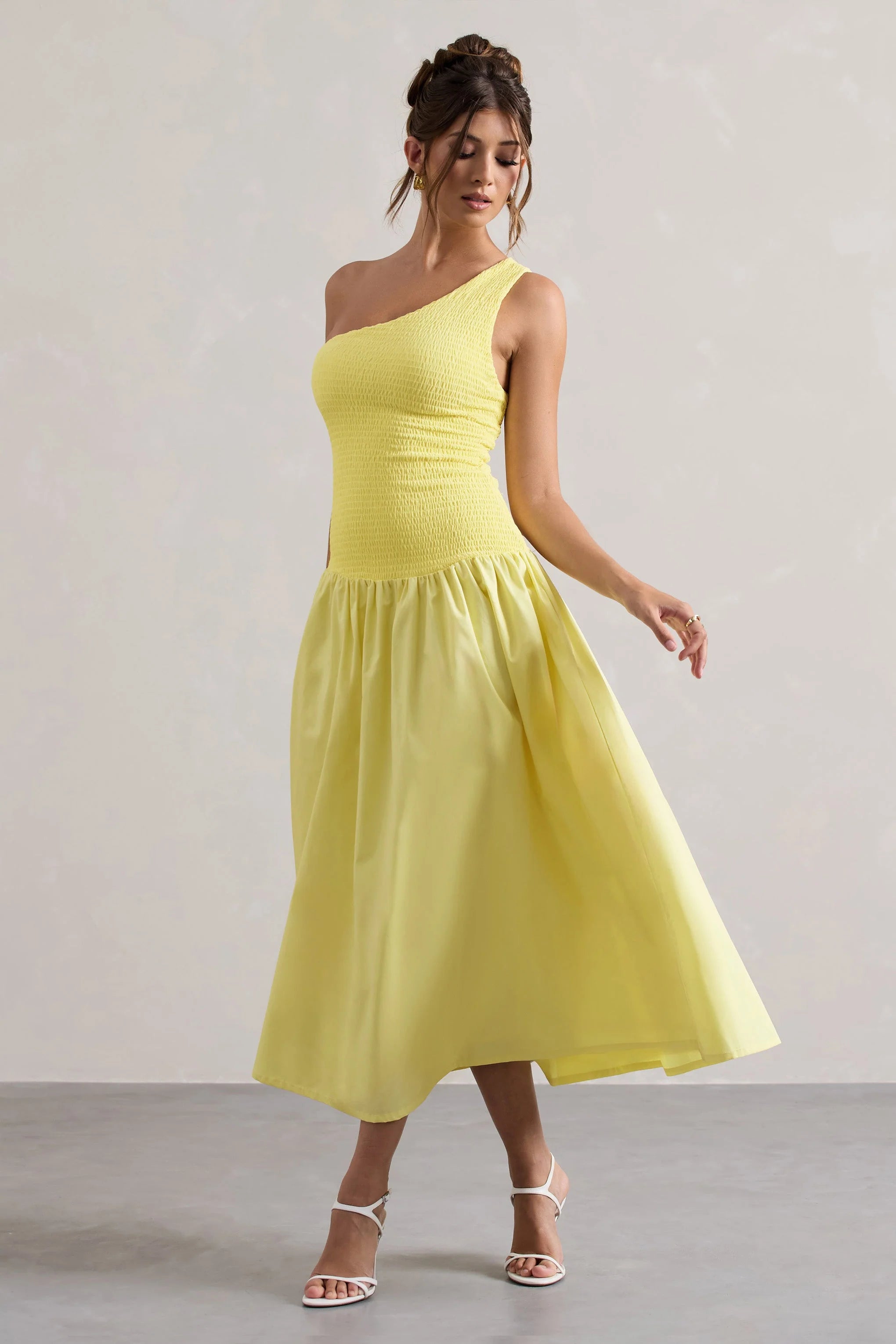Sorbet Lemon Poplin One Shoulder Pleated Maxi Dress