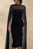Filippa Black Crew Neck Midi Dress With Sheer Cape Sleeves