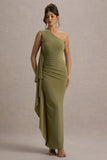 Adelina Olive One Shoulder Maxi Dress With Drape