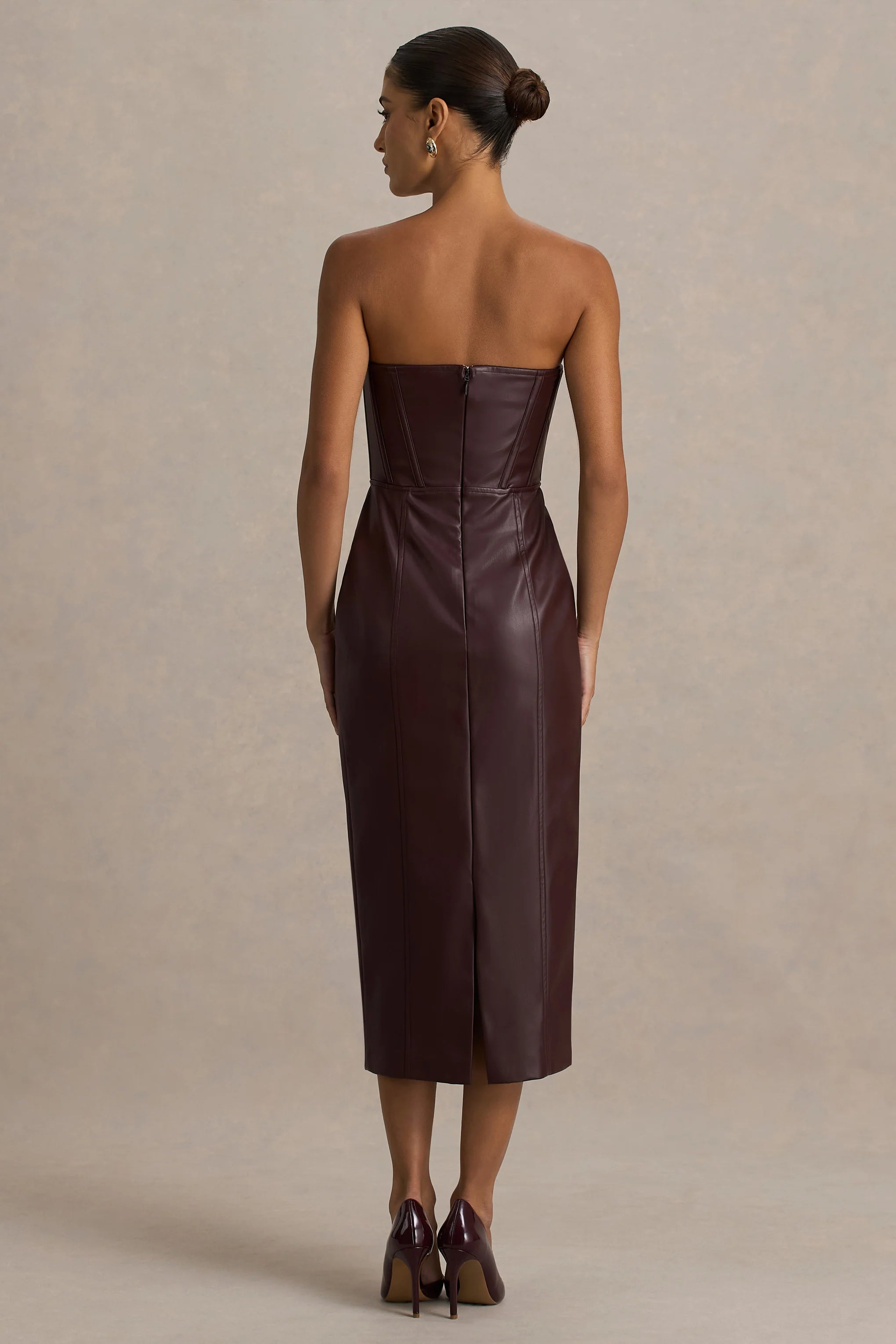 Zola Burgundy Faux Leather Bandeau Midi Dress