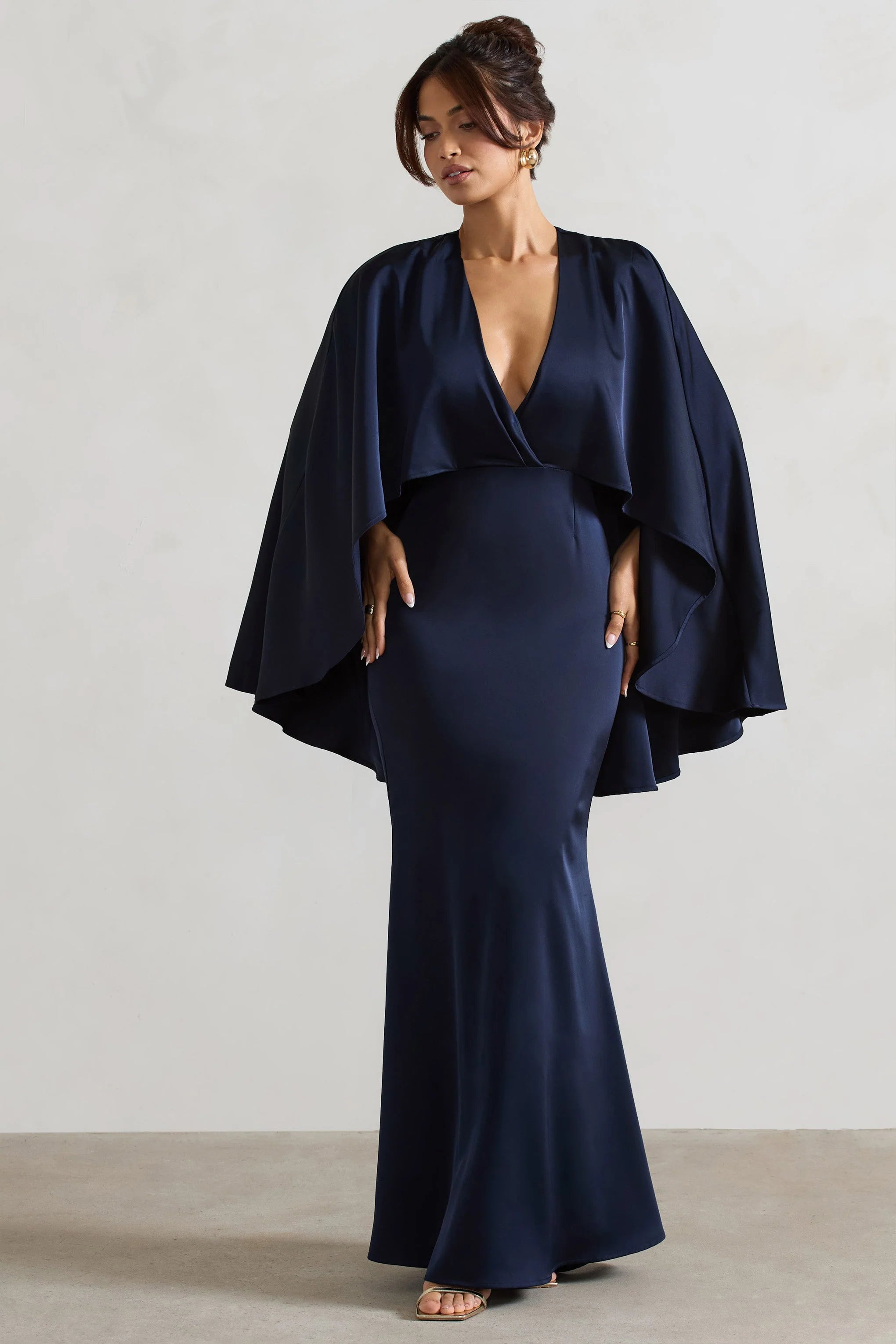 Yasie Navy Satin Plunge Neck Maxi Dress With Cape Sleeves