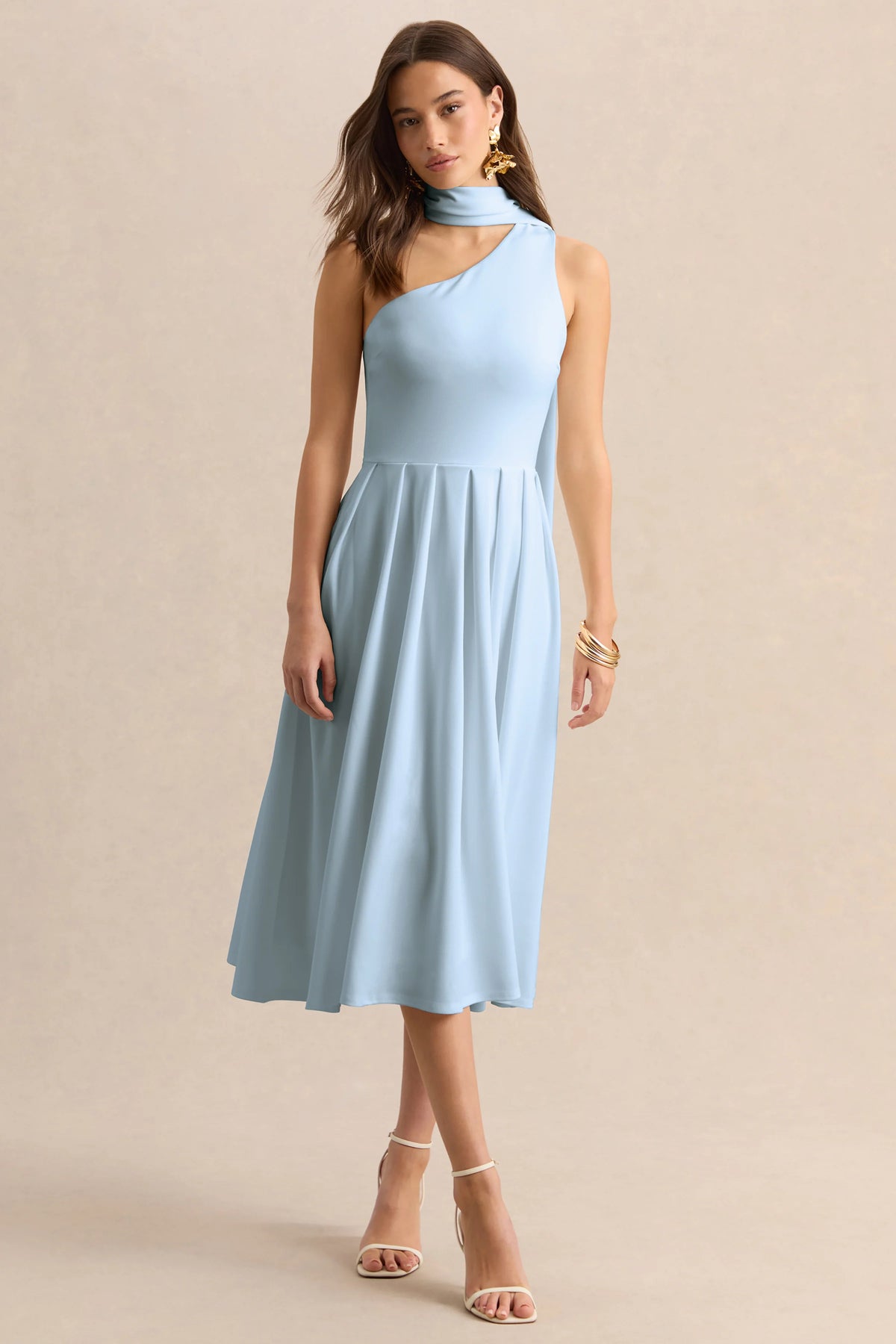 Odette Powder Blue Asymmetric Neck Midi Dress With Scarf