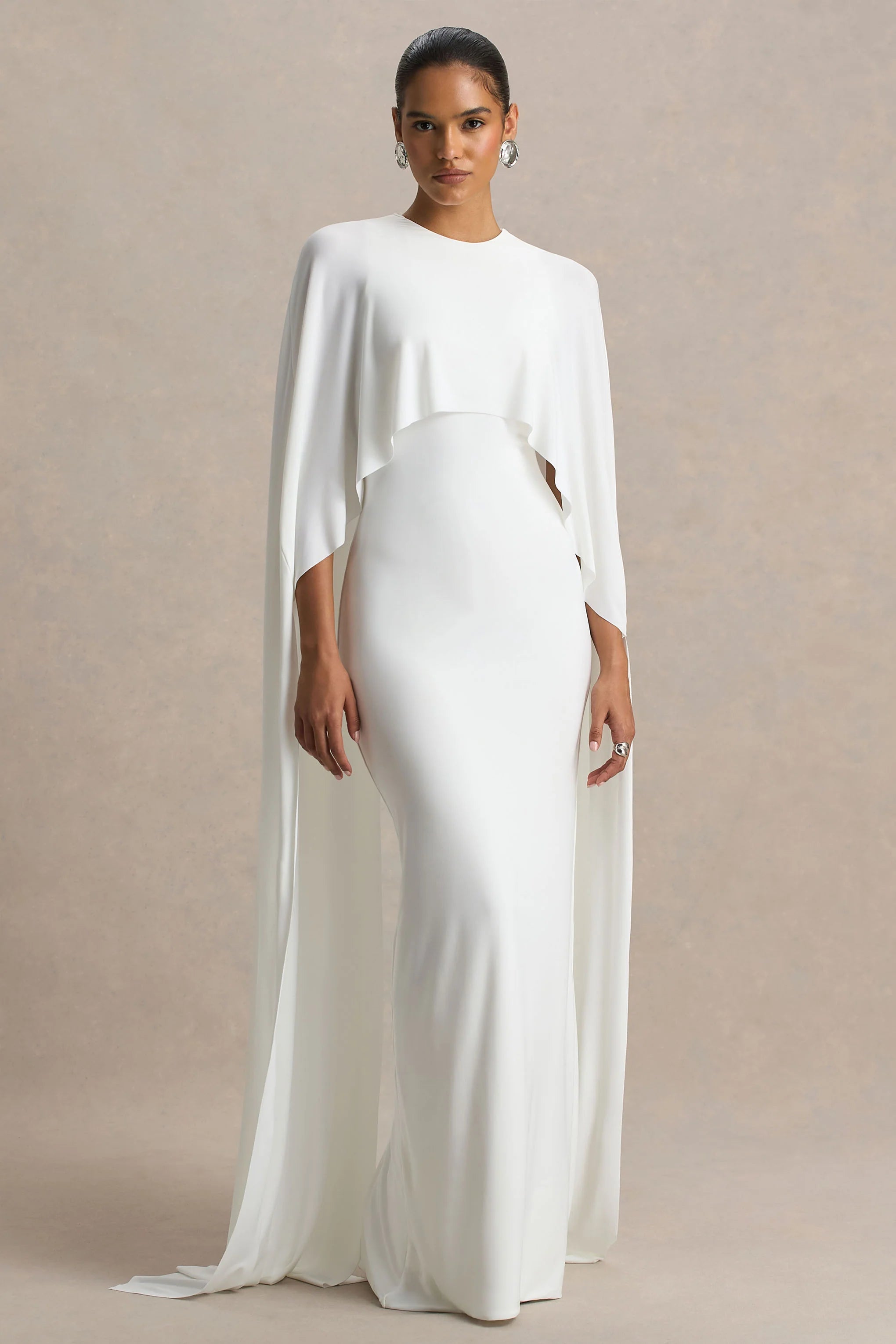 Padma White Draped Maxi Dress With Cape Sleeves