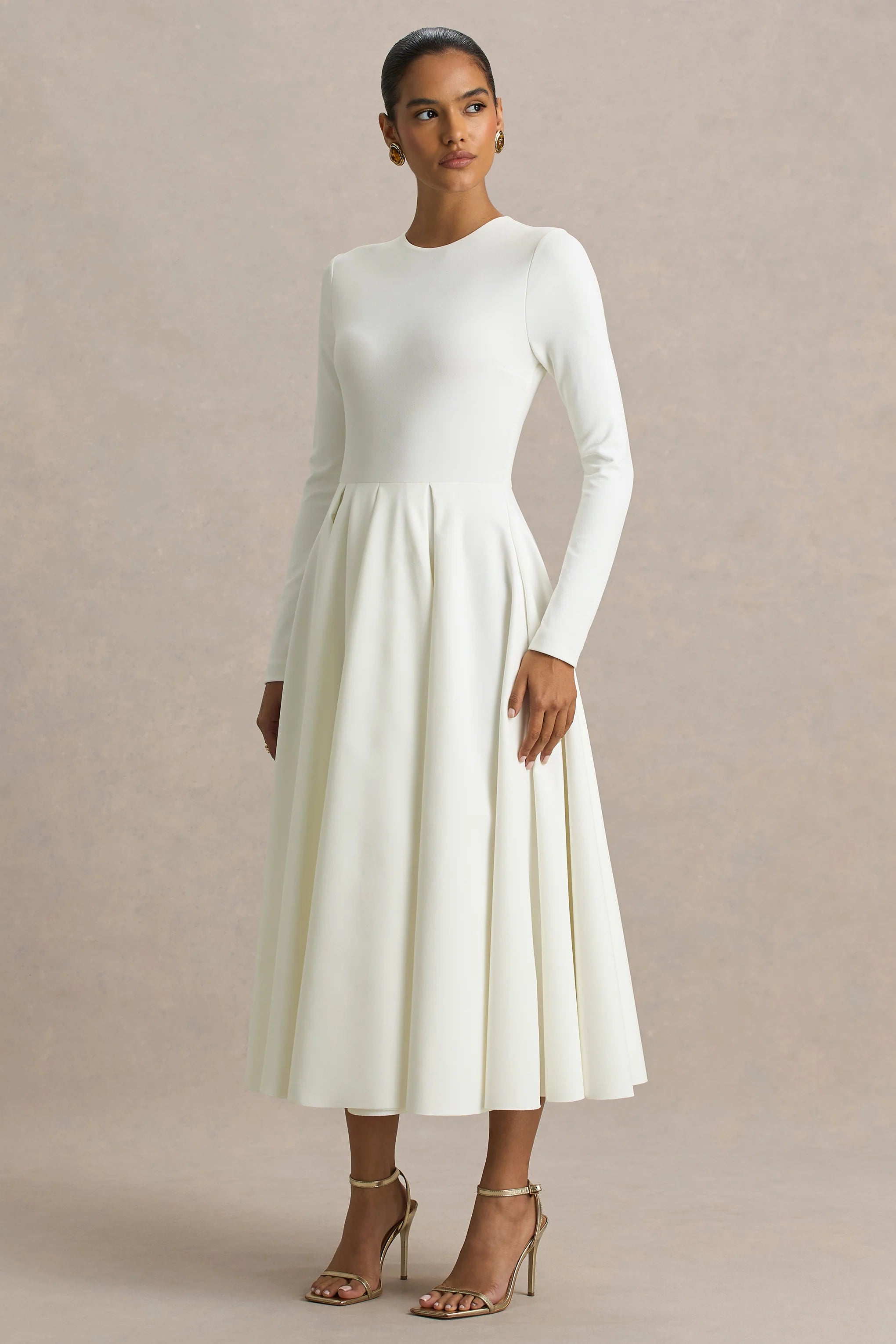 Bellamy Cream Crew Neck Long Sleeve Midi Dress