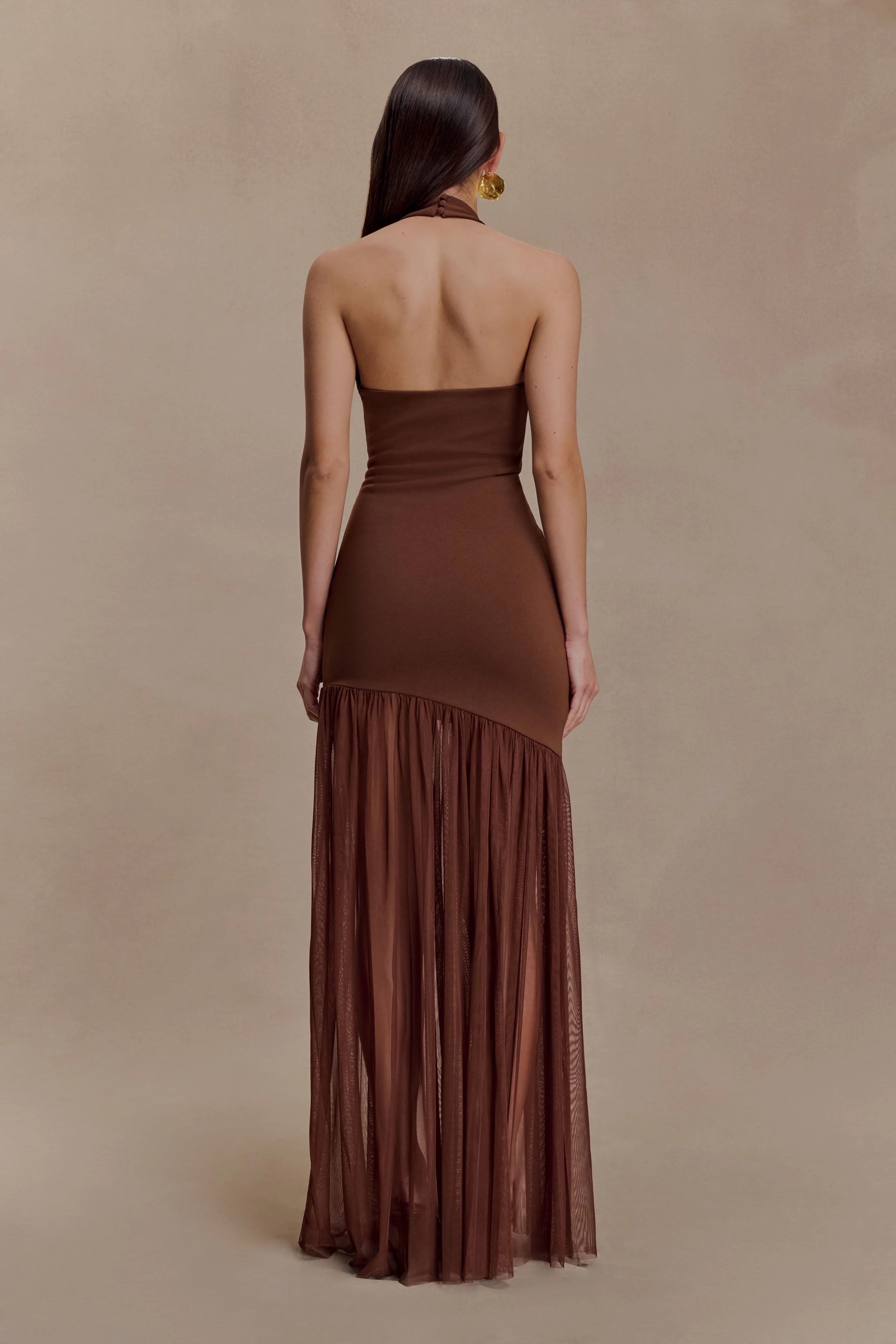 Aubree Crepe And Mesh Maxi Dress Chocolate Mocha
