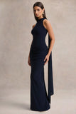 Hesperia Navy High Neck Maxi Dress With Draped Detailing And Scarf