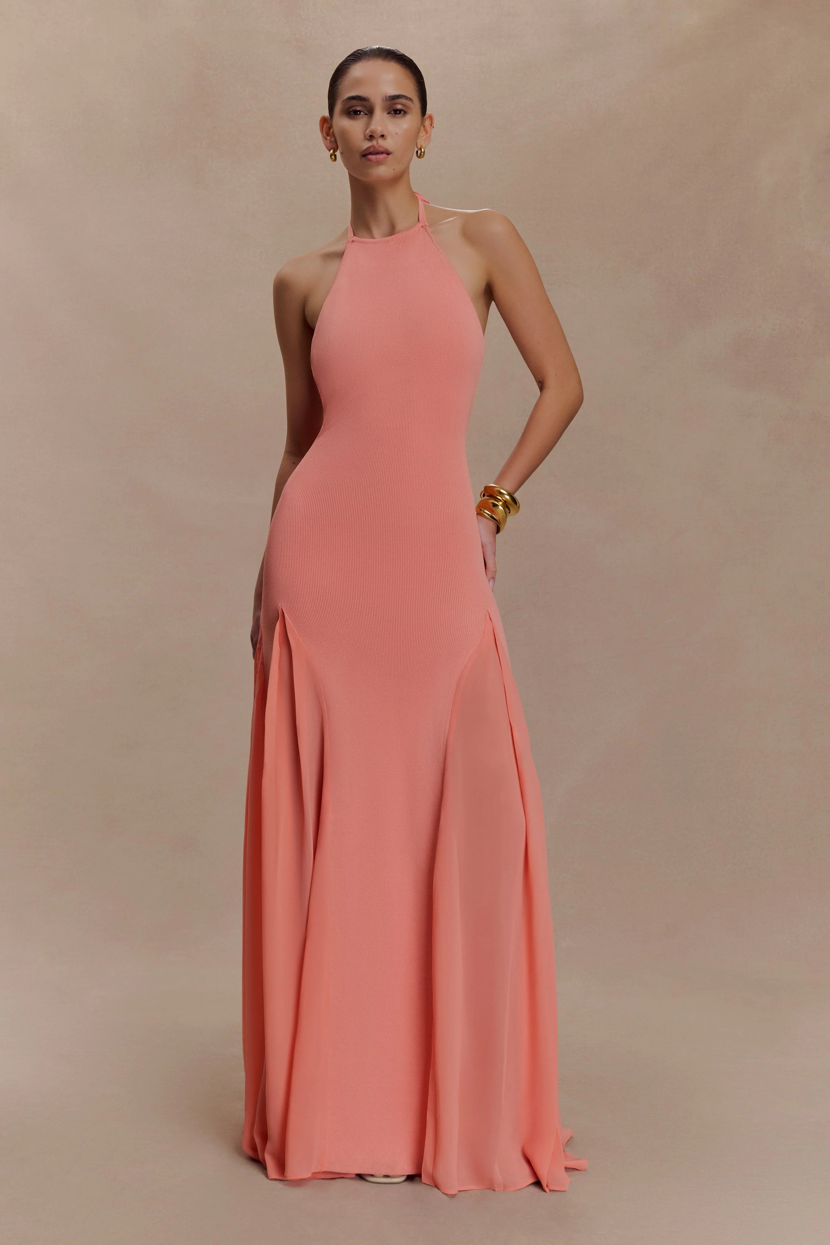 Soleil Knit And Mesh Halter Maxi Dress Coral