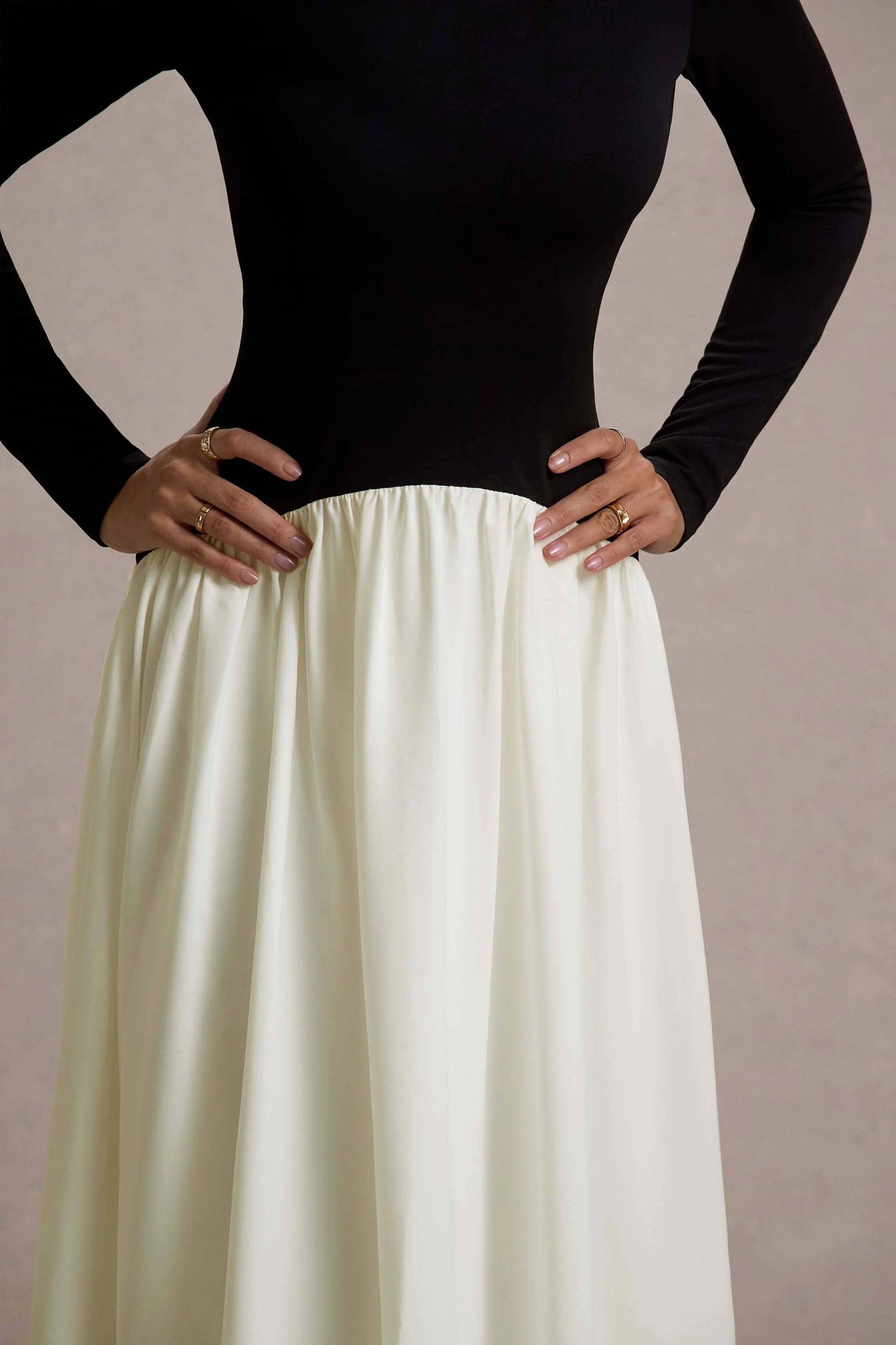 Benedetta Black Cream Long Sleeve Drop Waist Maxi Dress