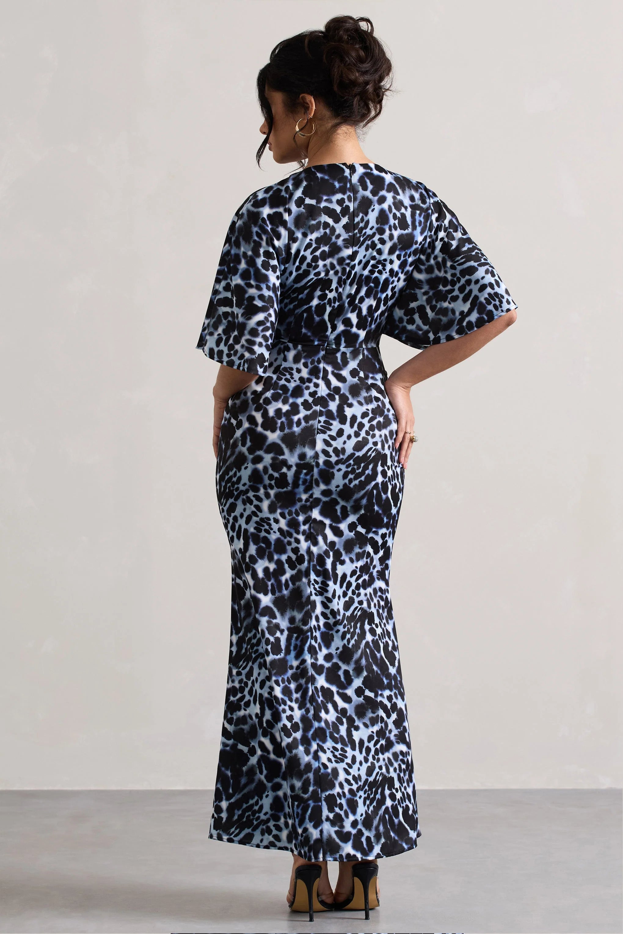 Elidy Animal Print Ruched Flutter Sleeve Cut Out Maxi Dress